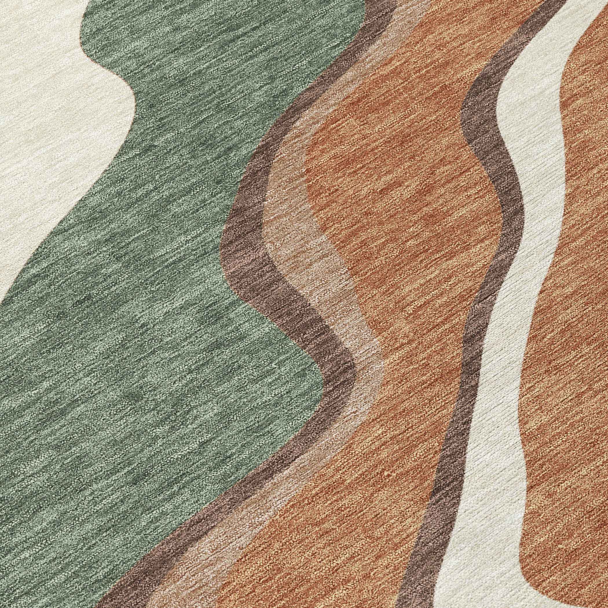 8' Copper Ivory And Fern Green Round Abstract Washable Indoor Outdoor Area Rug