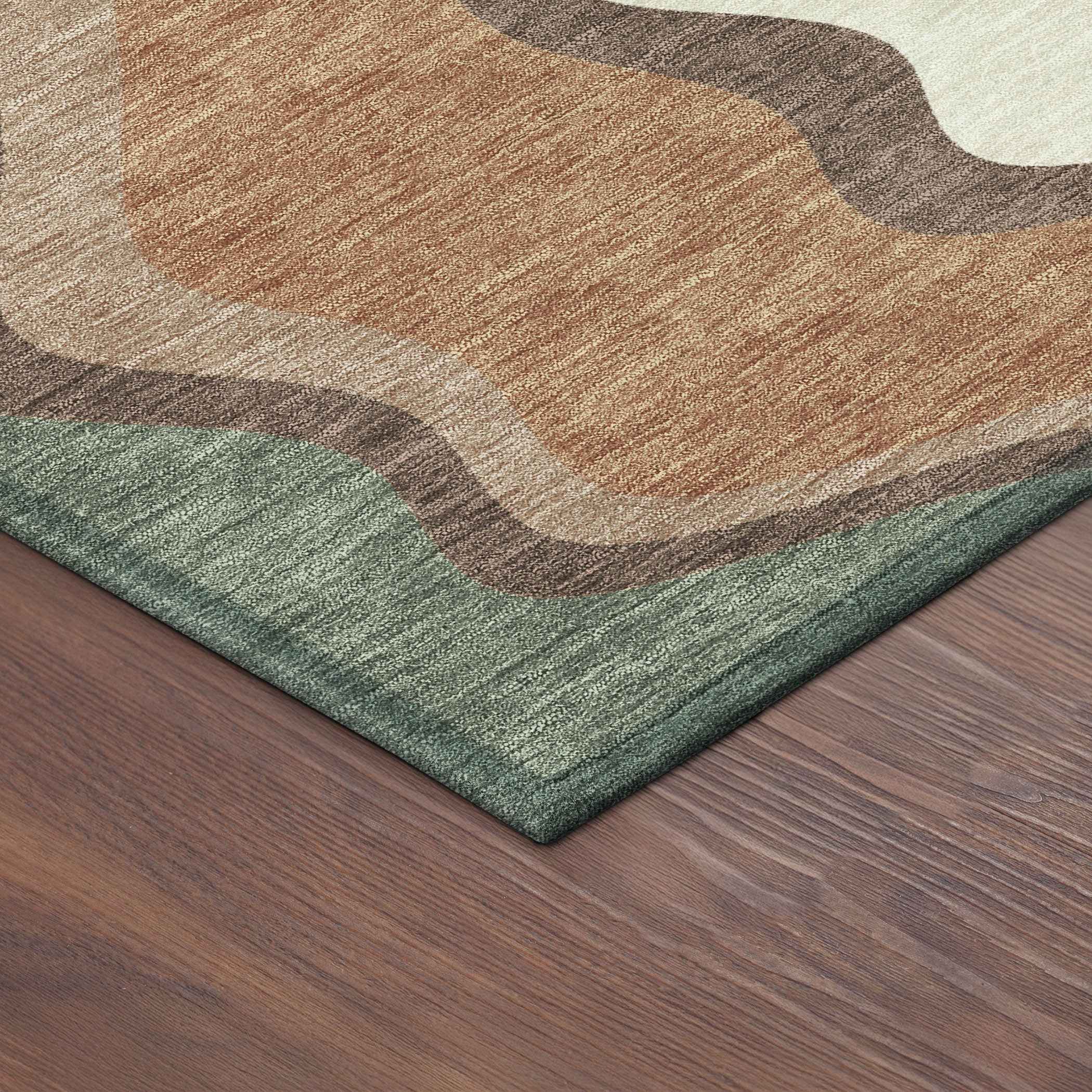 8' Copper Ivory And Fern Green Round Abstract Washable Indoor Outdoor Area Rug