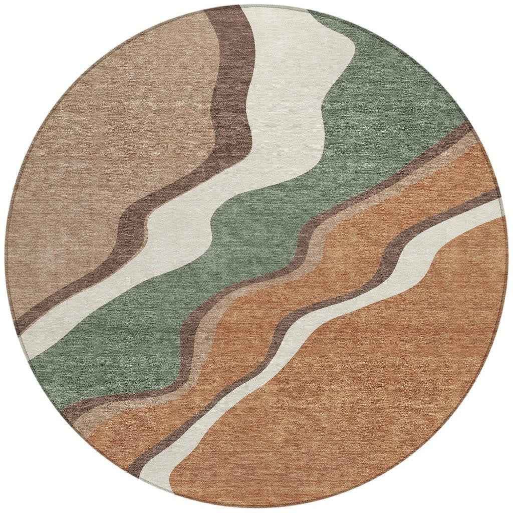 8' Copper Ivory And Fern Green Round Abstract Washable Indoor Outdoor Area Rug