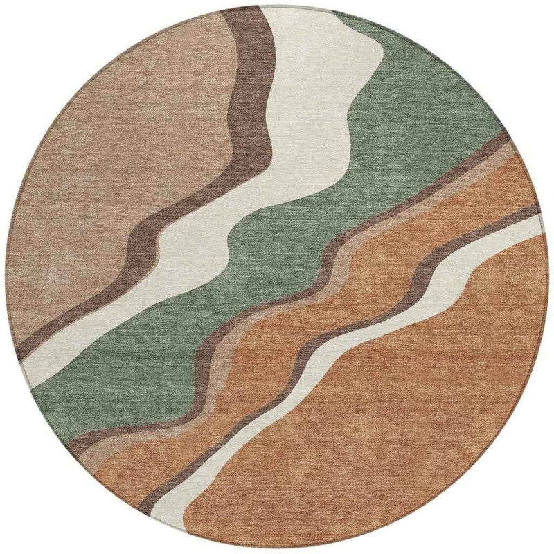 8' Copper Ivory And Fern Green Round Abstract Washable Indoor Outdoor Area Rug