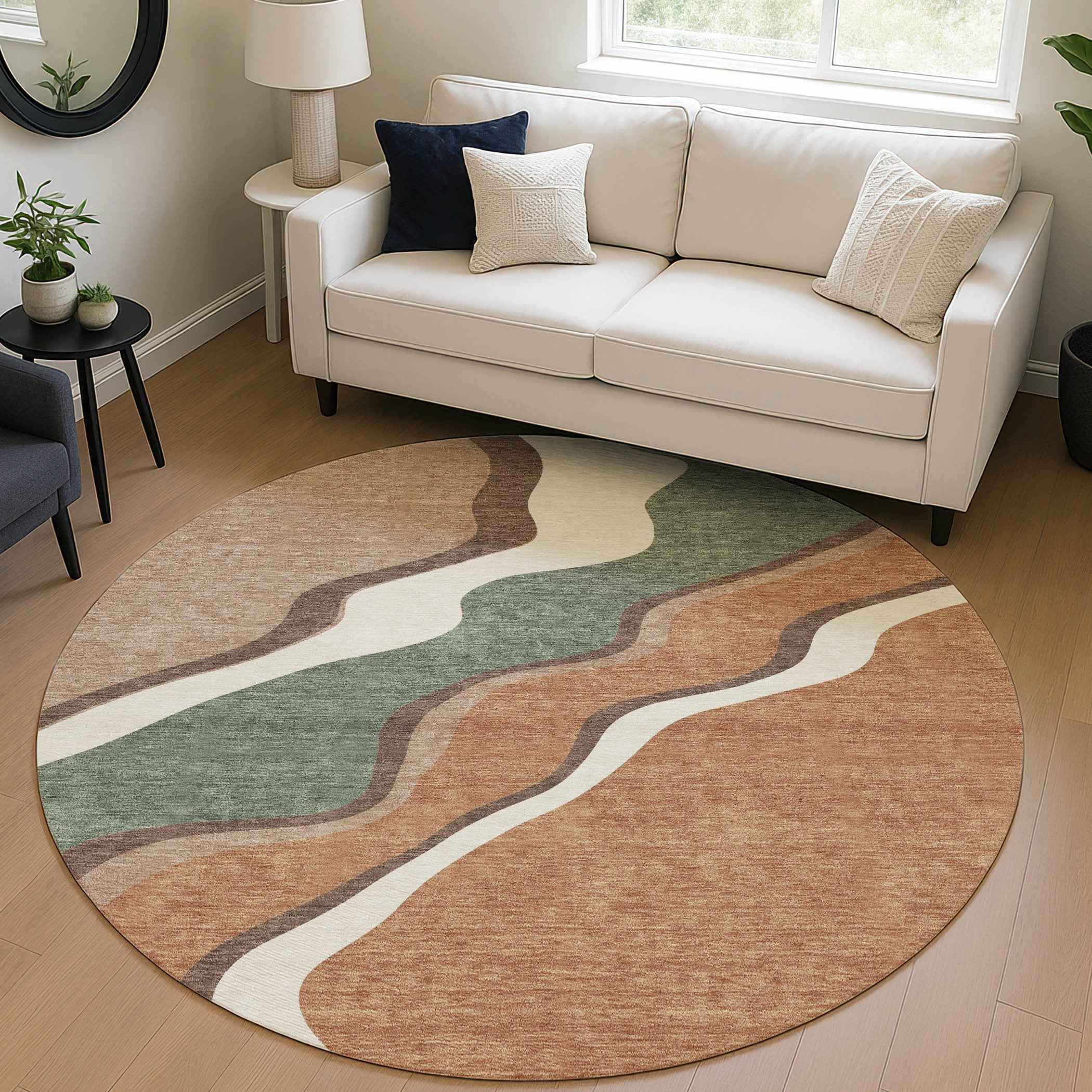 8' Copper Ivory And Fern Green Round Abstract Washable Indoor Outdoor Area Rug