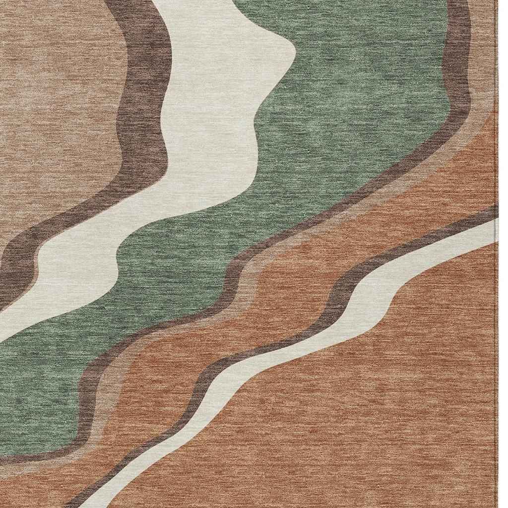 10' X 14' Copper Ivory And Fern Green Abstract Washable Indoor Outdoor Area Rug