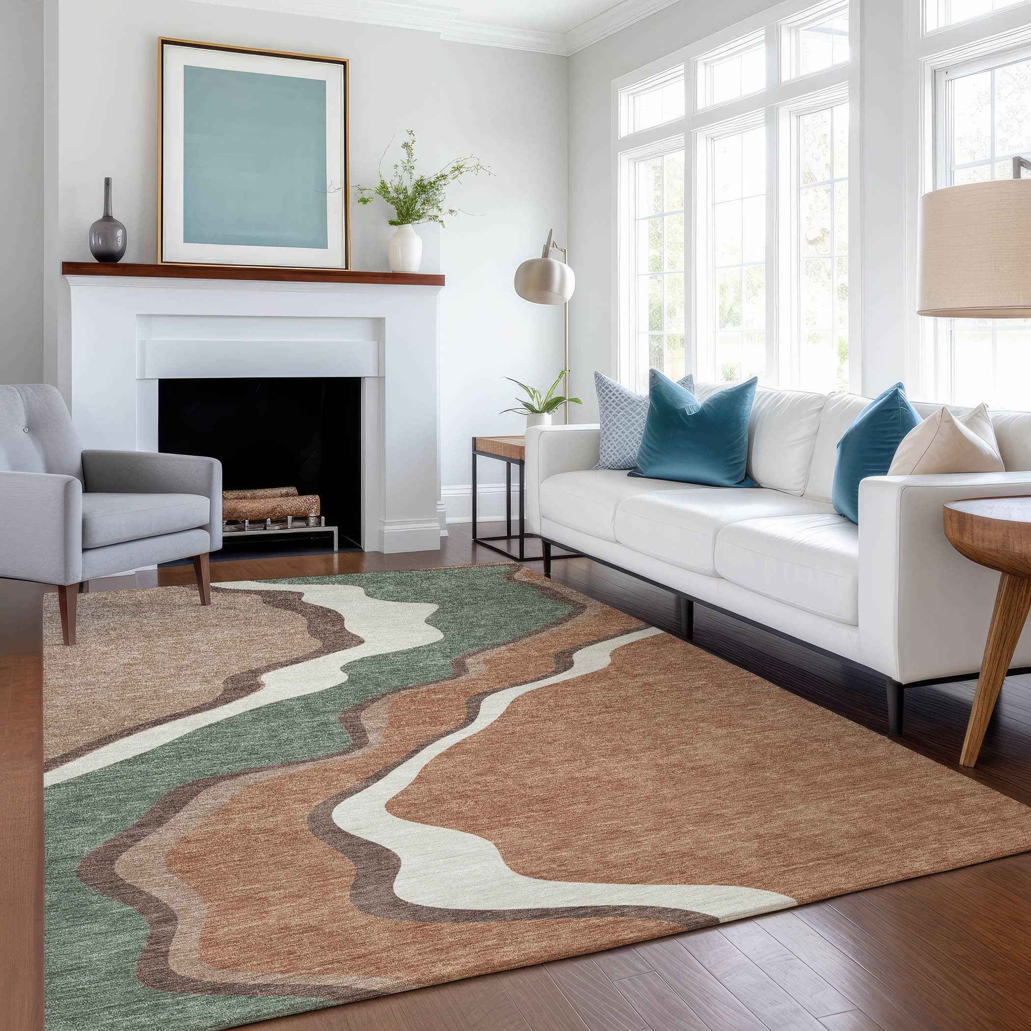 10' X 14' Copper Ivory And Fern Green Abstract Washable Indoor Outdoor Area Rug