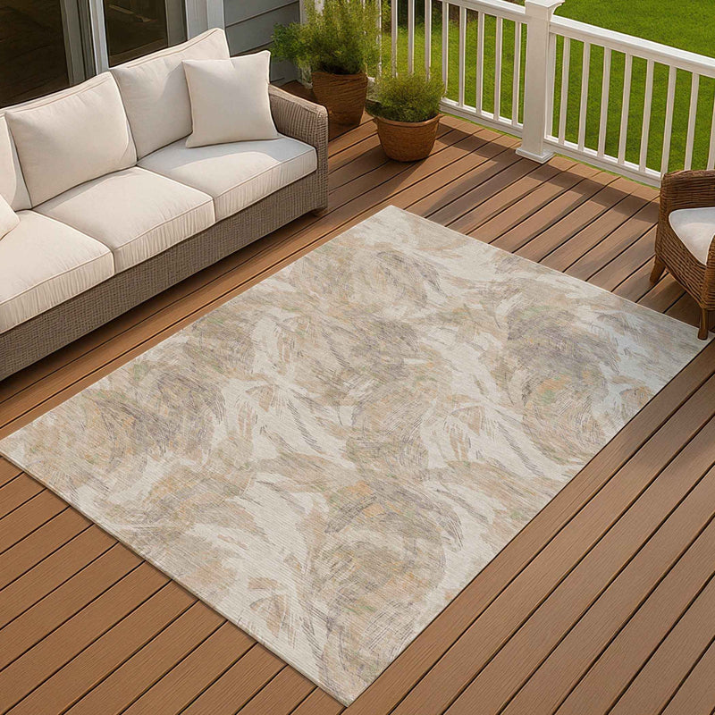 9' X 12' Khaki And Ivory Floral Washable Indoor Outdoor Area Rug