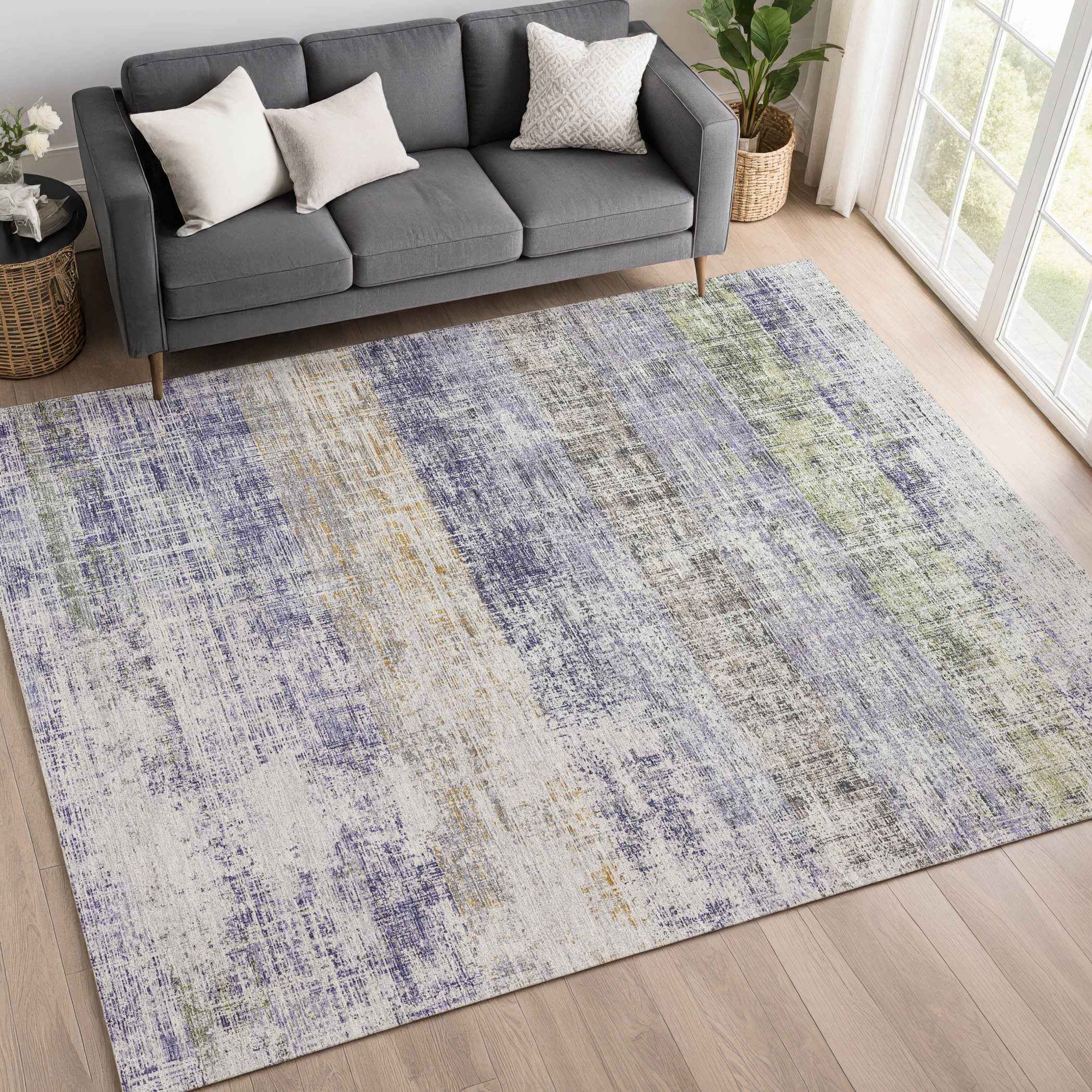 8' X 10' Lavender Ivory And Gray Striped Washable Indoor Outdoor Area Rug