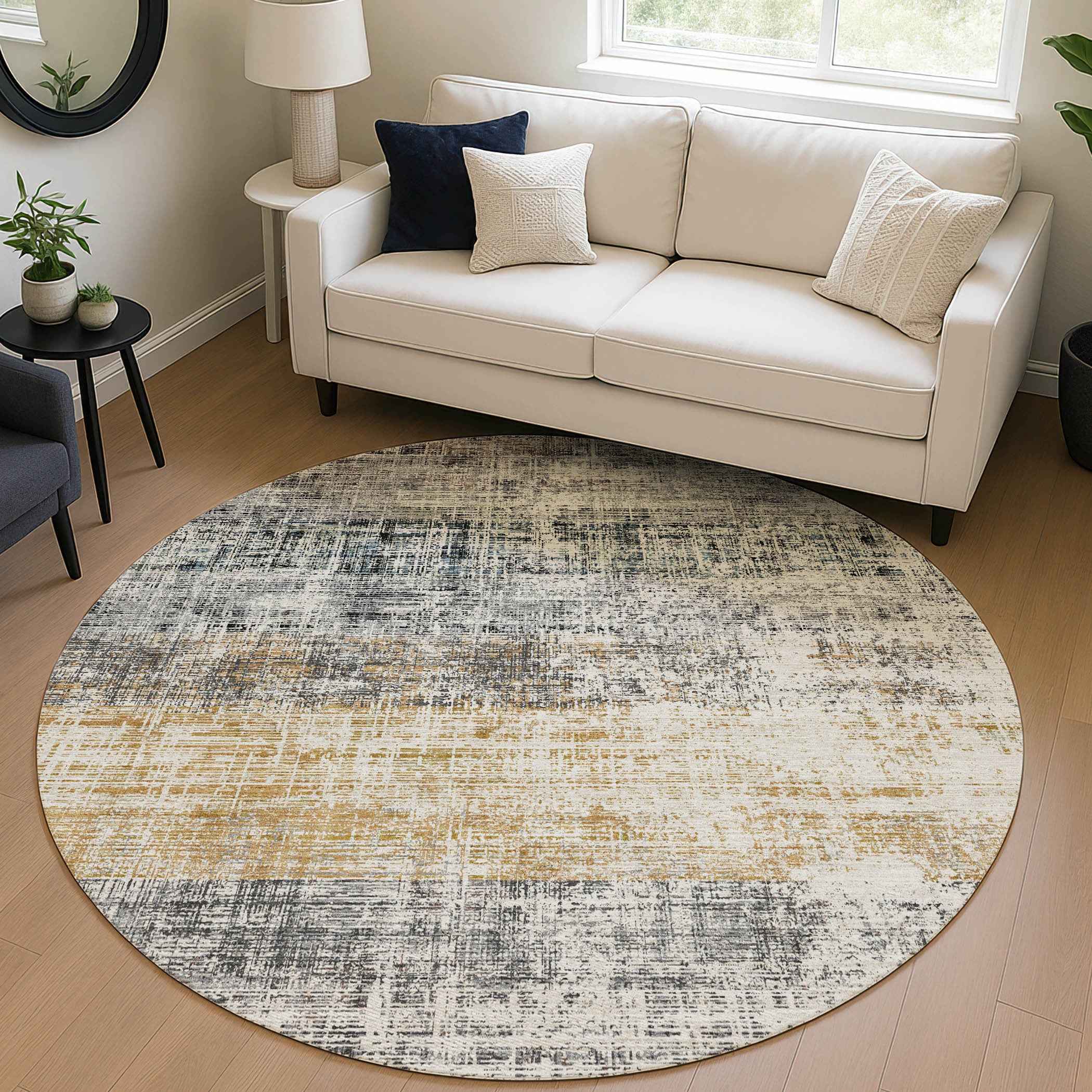 8' Gray Silver And Gold Round Striped Washable Indoor Outdoor Area Rug