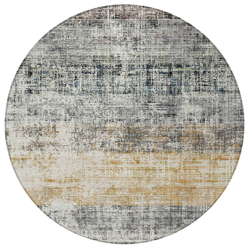 8' Gray Silver And Gold Round Striped Washable Indoor Outdoor Area Rug