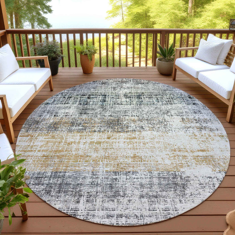 8' Gray Silver And Gold Round Striped Washable Indoor Outdoor Area Rug