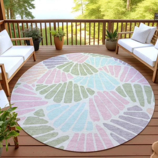 8' Sage Pink And Aqua Round Floral Washable Indoor Outdoor Area Rug