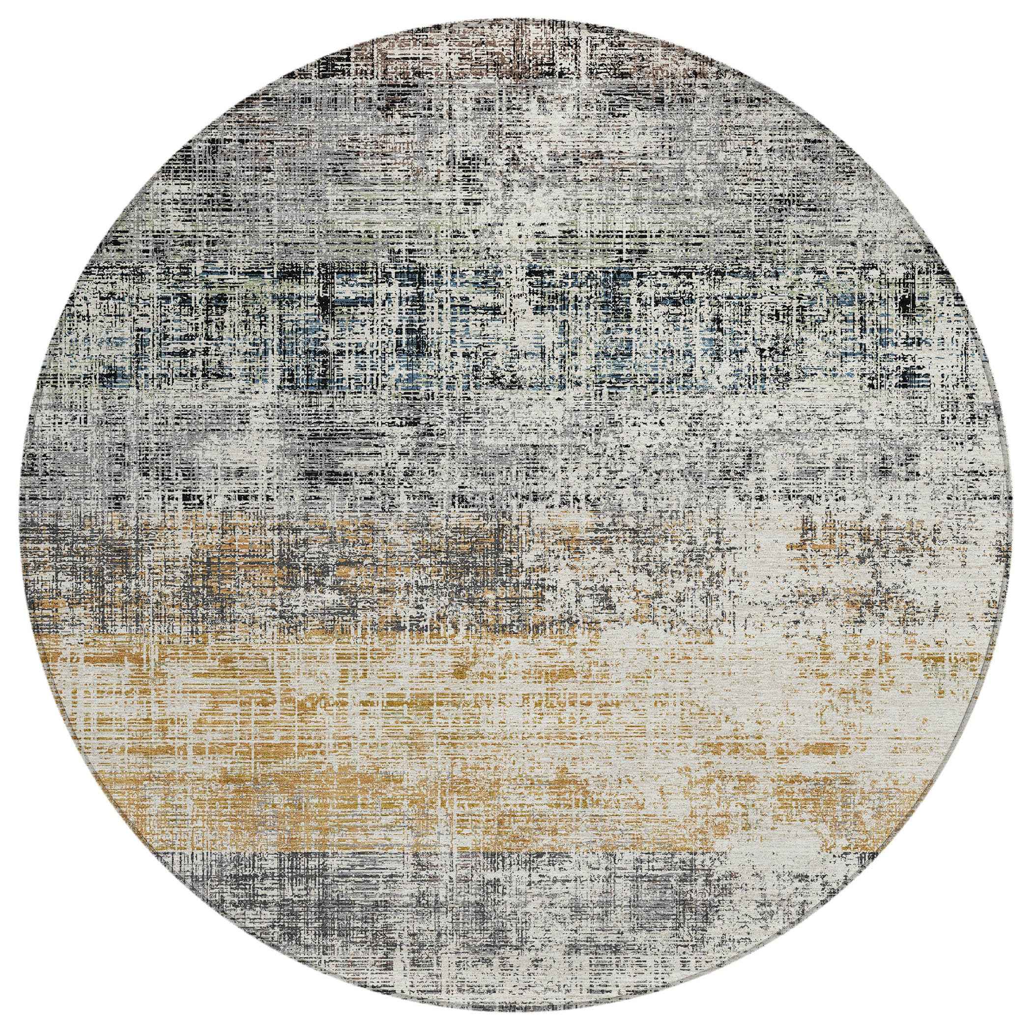 8' Gray Silver And Gold Round Striped Washable Indoor Outdoor Area Rug