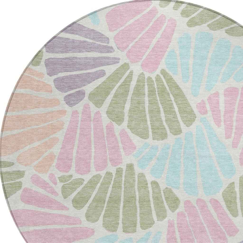 8' Sage Pink And Aqua Round Floral Washable Indoor Outdoor Area Rug