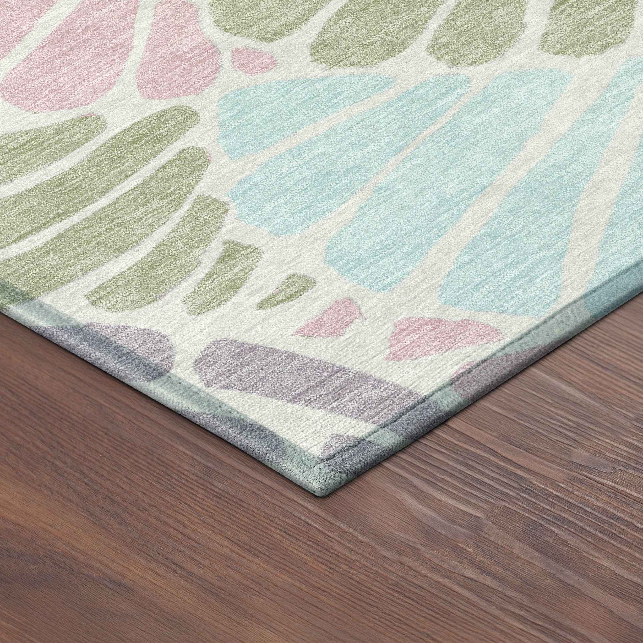 8' Sage Pink And Aqua Round Floral Washable Indoor Outdoor Area Rug