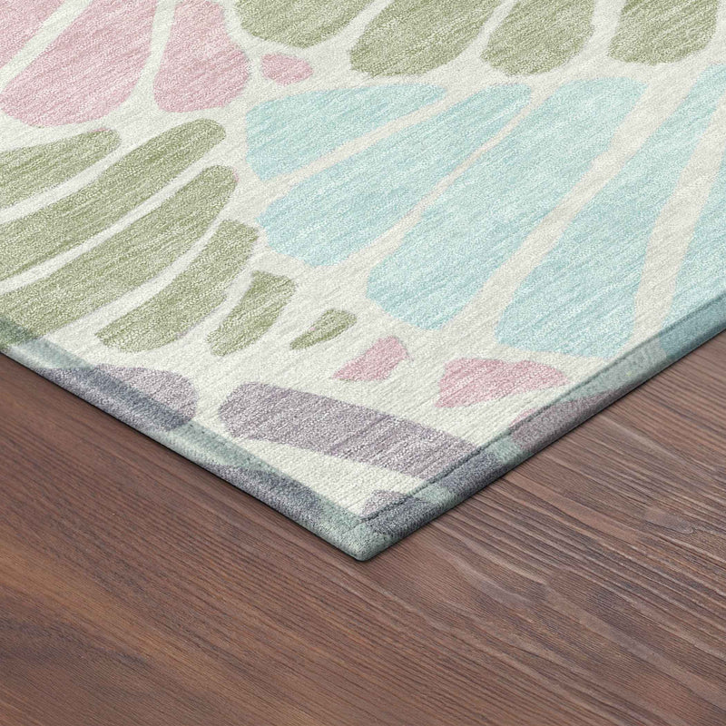 8' Sage Pink And Aqua Round Floral Washable Indoor Outdoor Area Rug