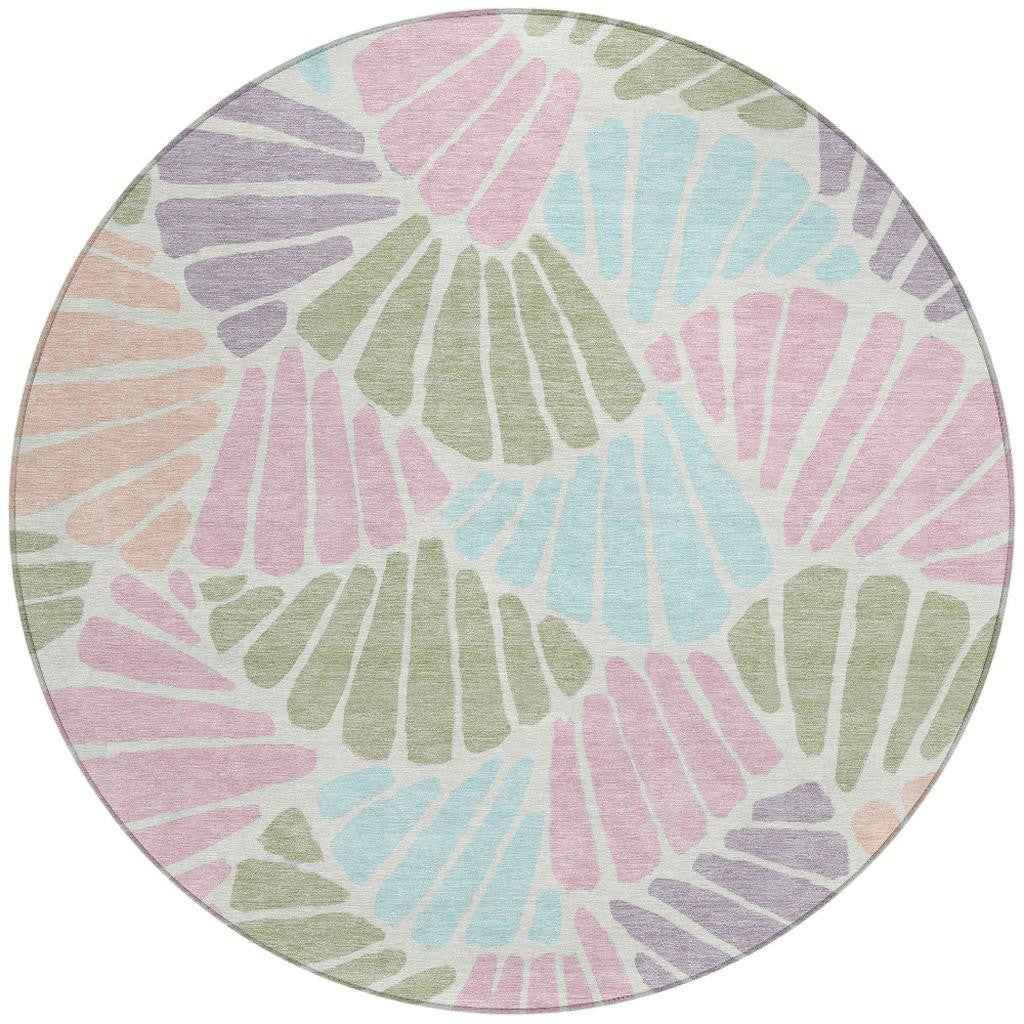 8' Sage Pink And Aqua Round Floral Washable Indoor Outdoor Area Rug