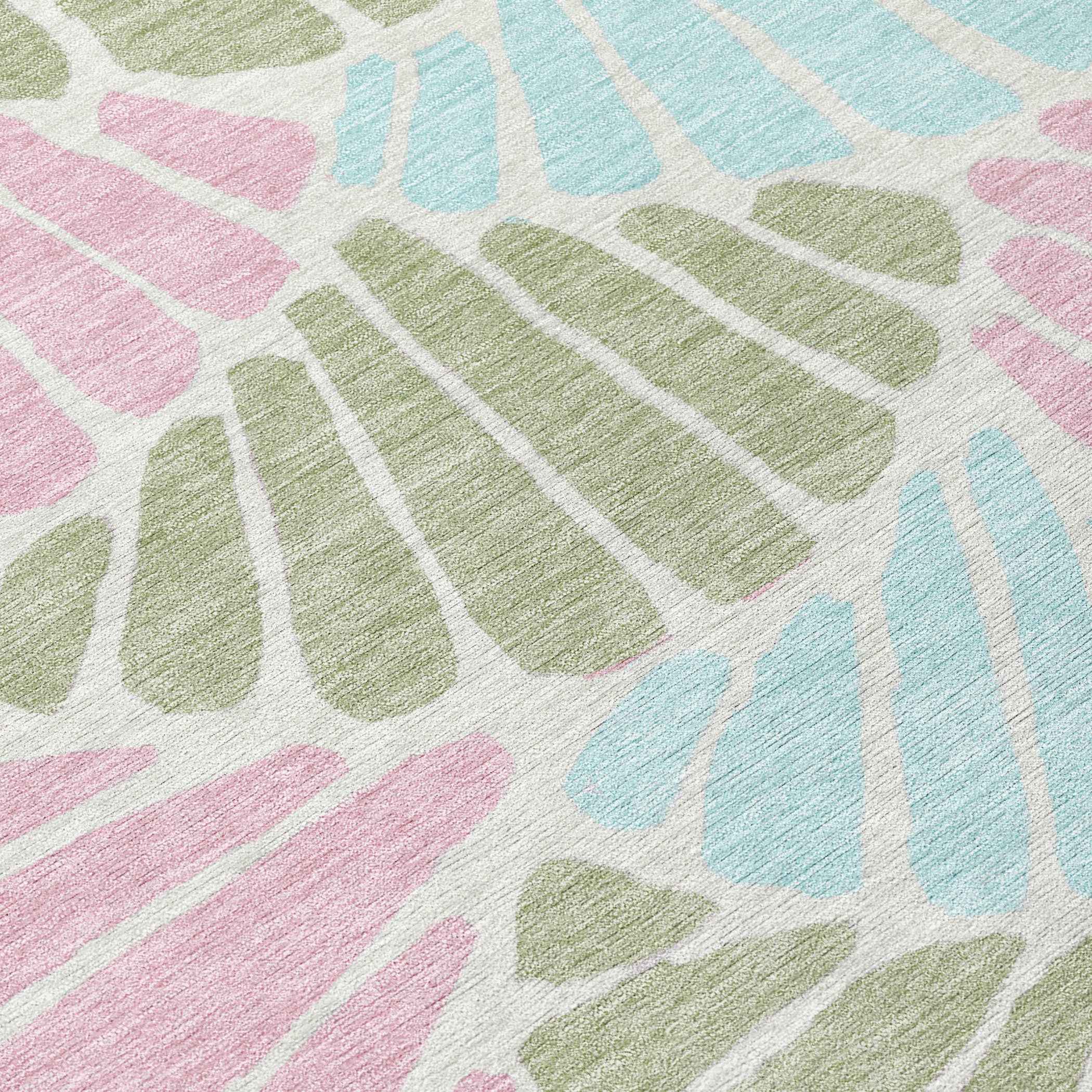 8' Sage Pink And Aqua Round Floral Washable Indoor Outdoor Area Rug