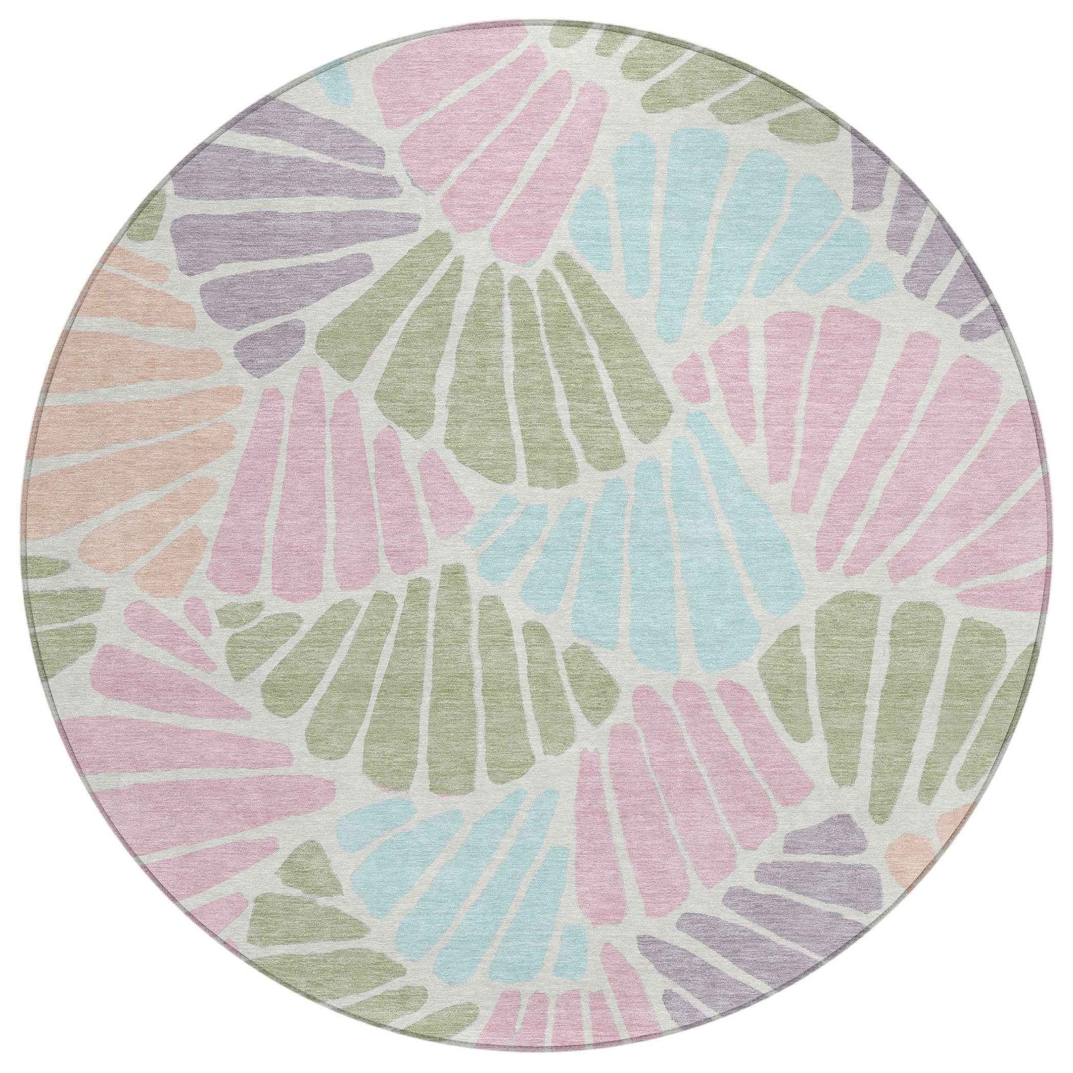 8' Sage Pink And Aqua Round Floral Washable Indoor Outdoor Area Rug