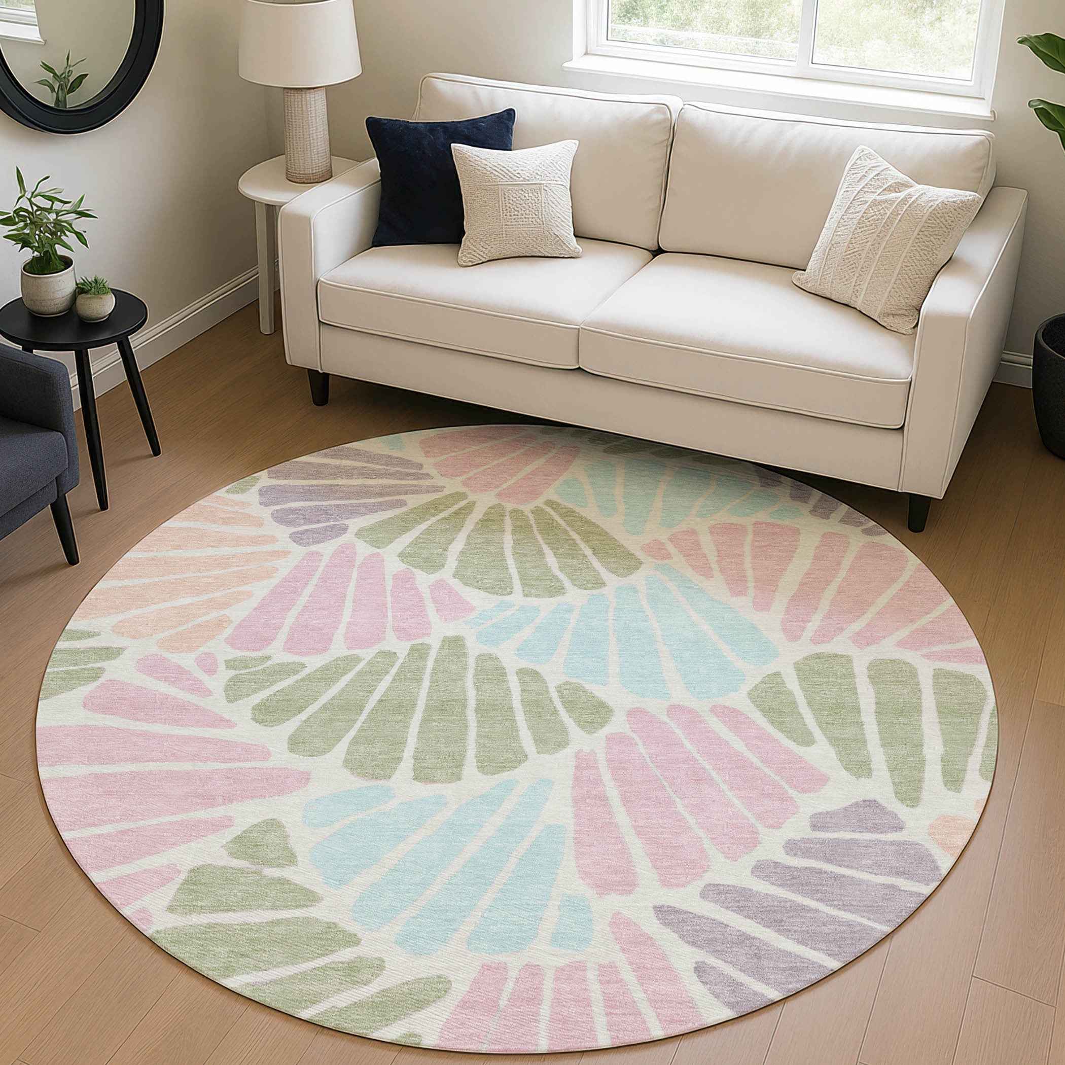 8' Sage Pink And Aqua Round Floral Washable Indoor Outdoor Area Rug