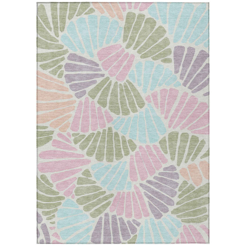 10' X 14' Sage Pink And Aqua Floral Washable Indoor Outdoor Area Rug