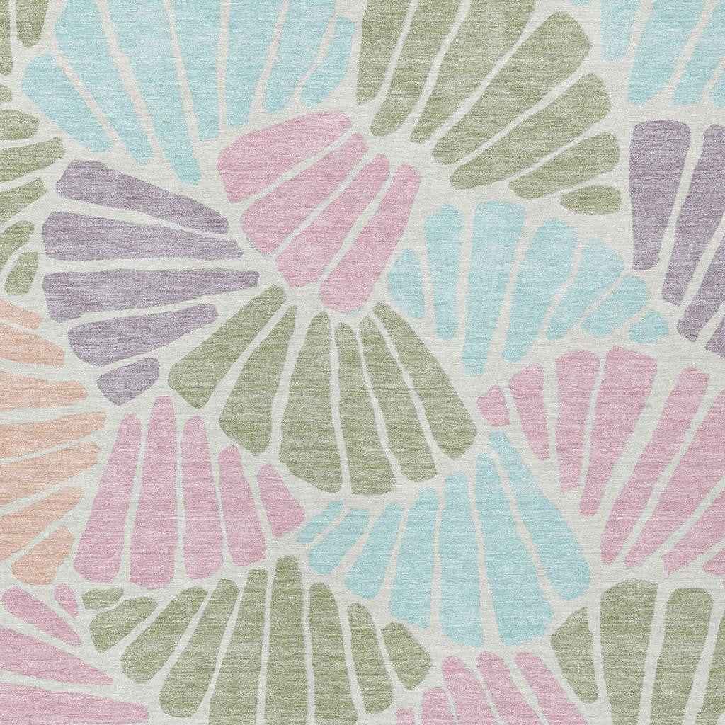 10' X 14' Sage Pink And Aqua Floral Washable Indoor Outdoor Area Rug