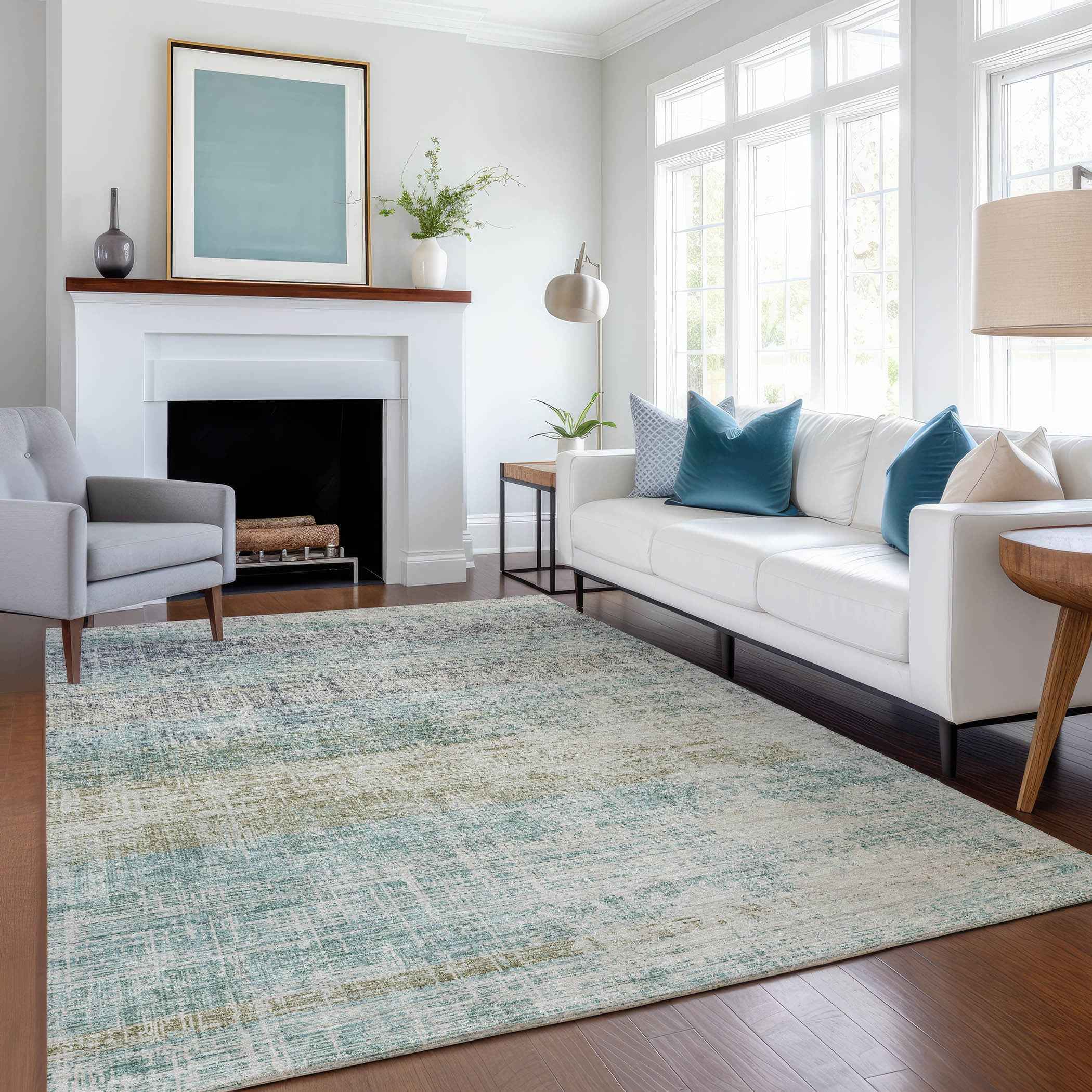 3' X 5' Teal Blue And Beige Striped Washable Indoor Outdoor Area Rug