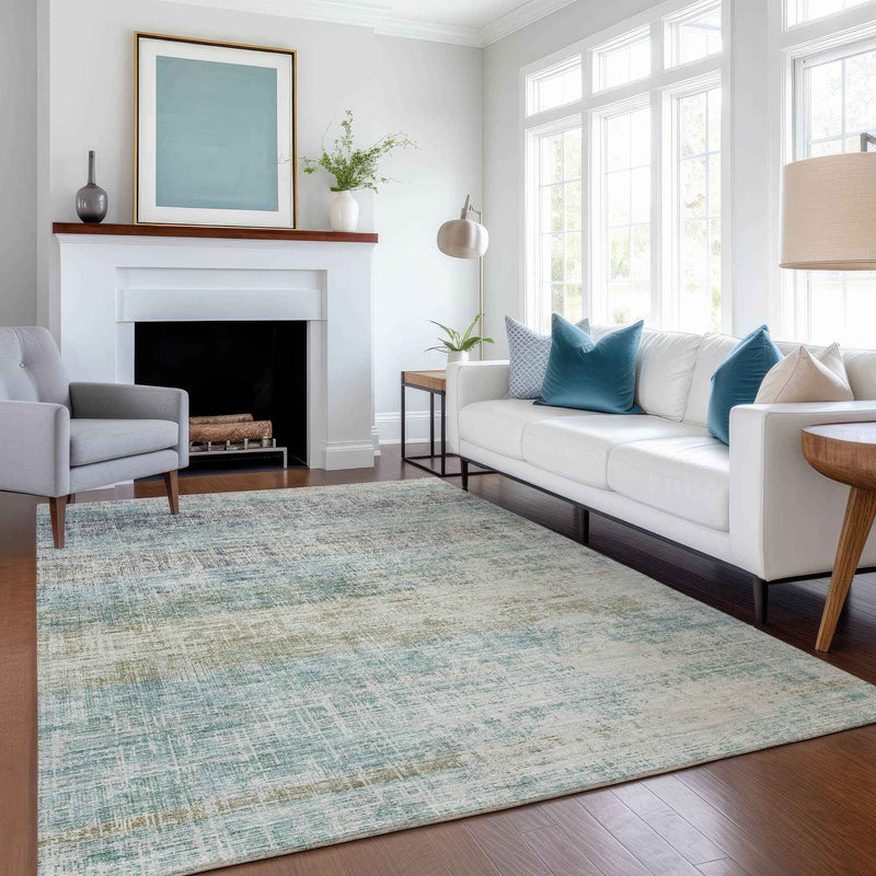 3' X 5' Teal Blue And Beige Striped Washable Indoor Outdoor Area Rug