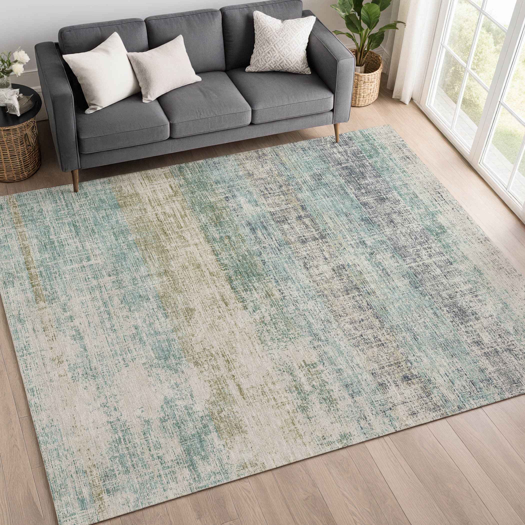 3' X 5' Teal Blue And Beige Striped Washable Indoor Outdoor Area Rug