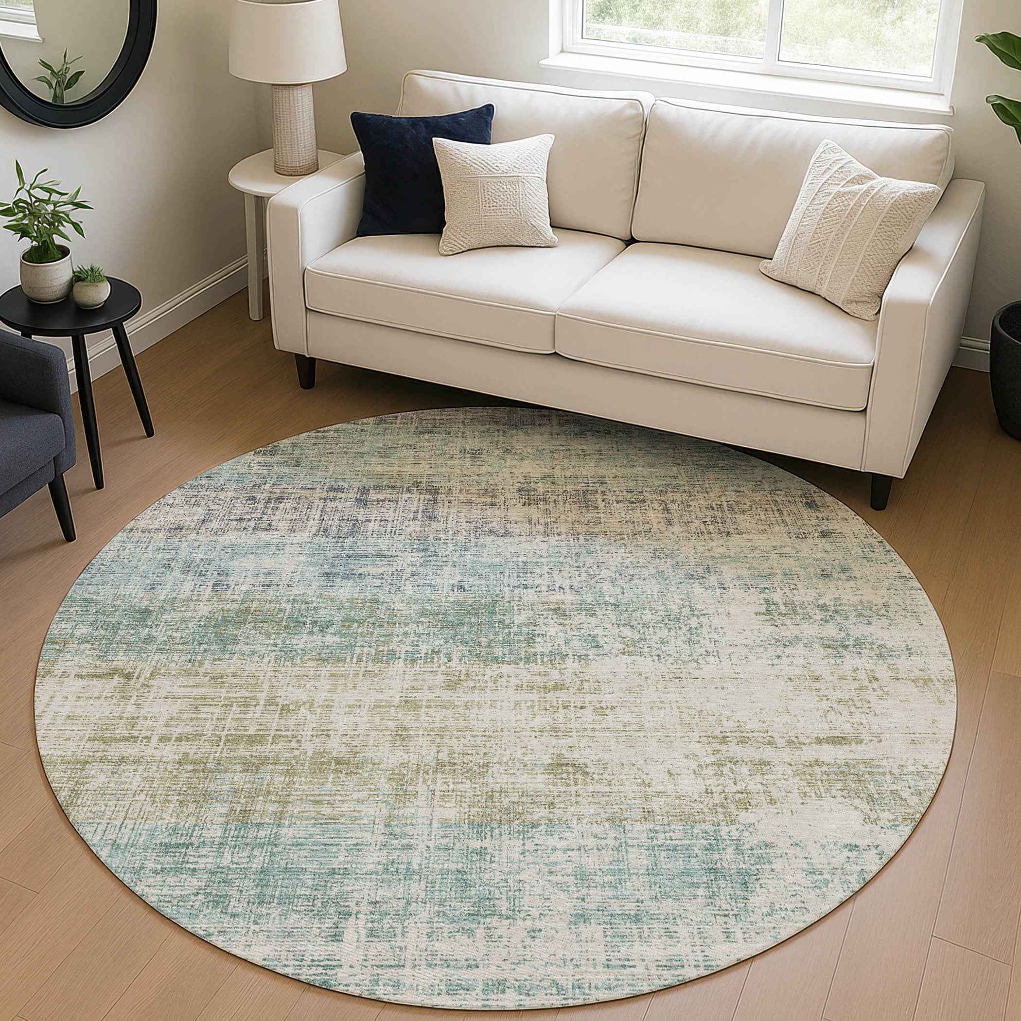 8' Teal Blue And Beige Round Striped Washable Indoor Outdoor Area Rug