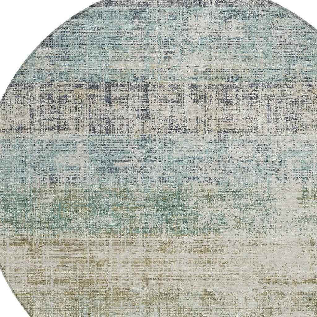 8' Teal Blue And Beige Round Striped Washable Indoor Outdoor Area Rug