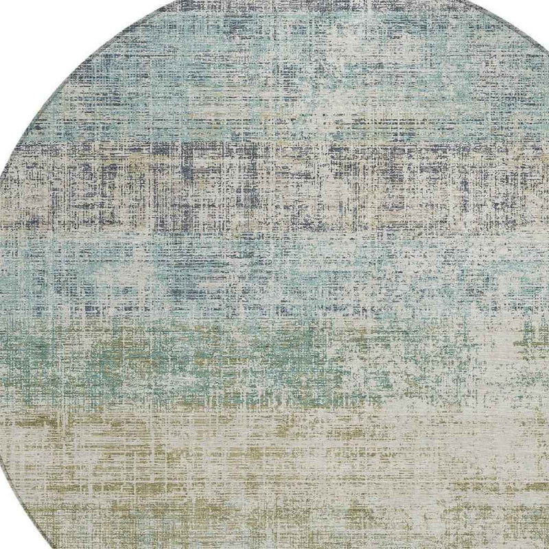 8' Teal Blue And Beige Round Striped Washable Indoor Outdoor Area Rug