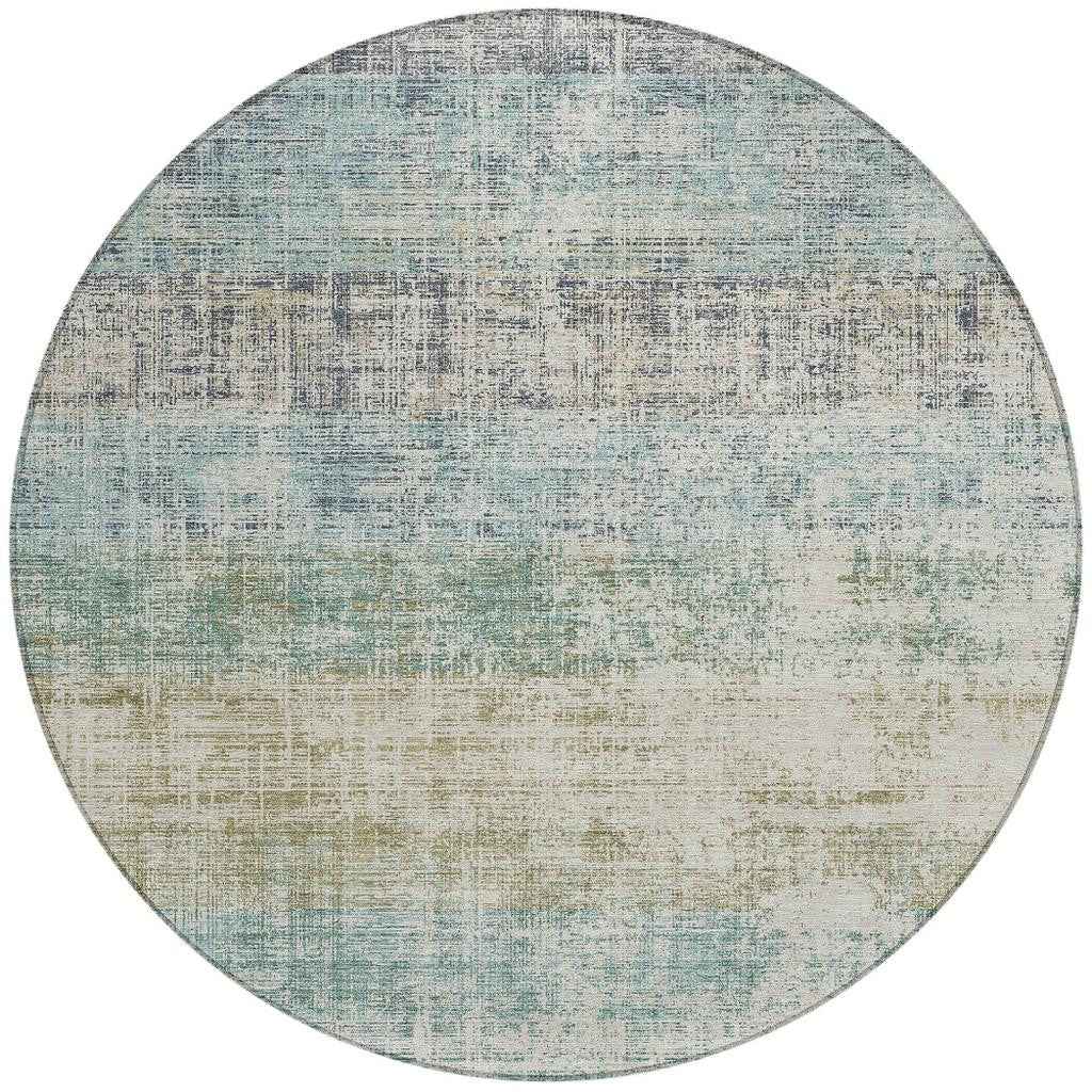 8' Teal Blue And Beige Round Striped Washable Indoor Outdoor Area Rug