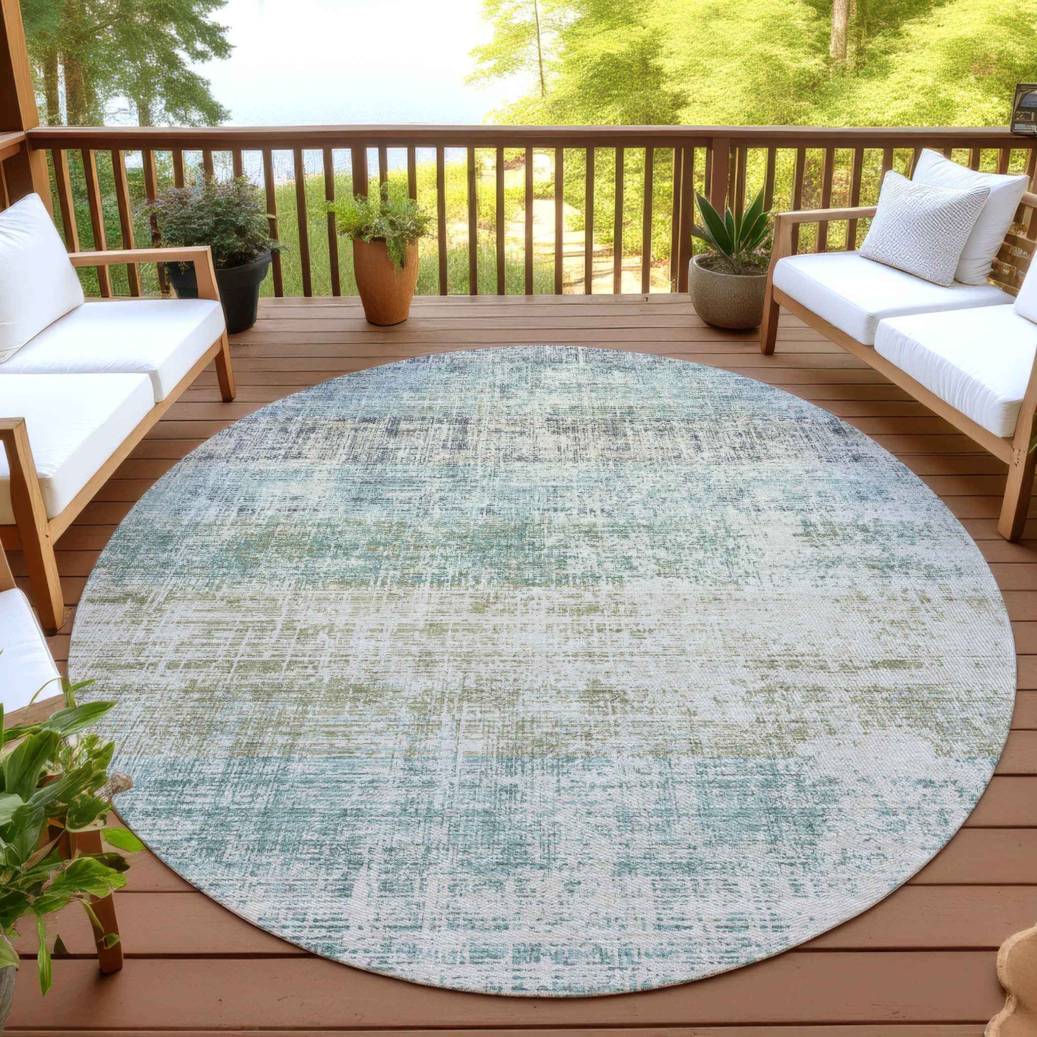 8' Teal Blue And Beige Round Striped Washable Indoor Outdoor Area Rug