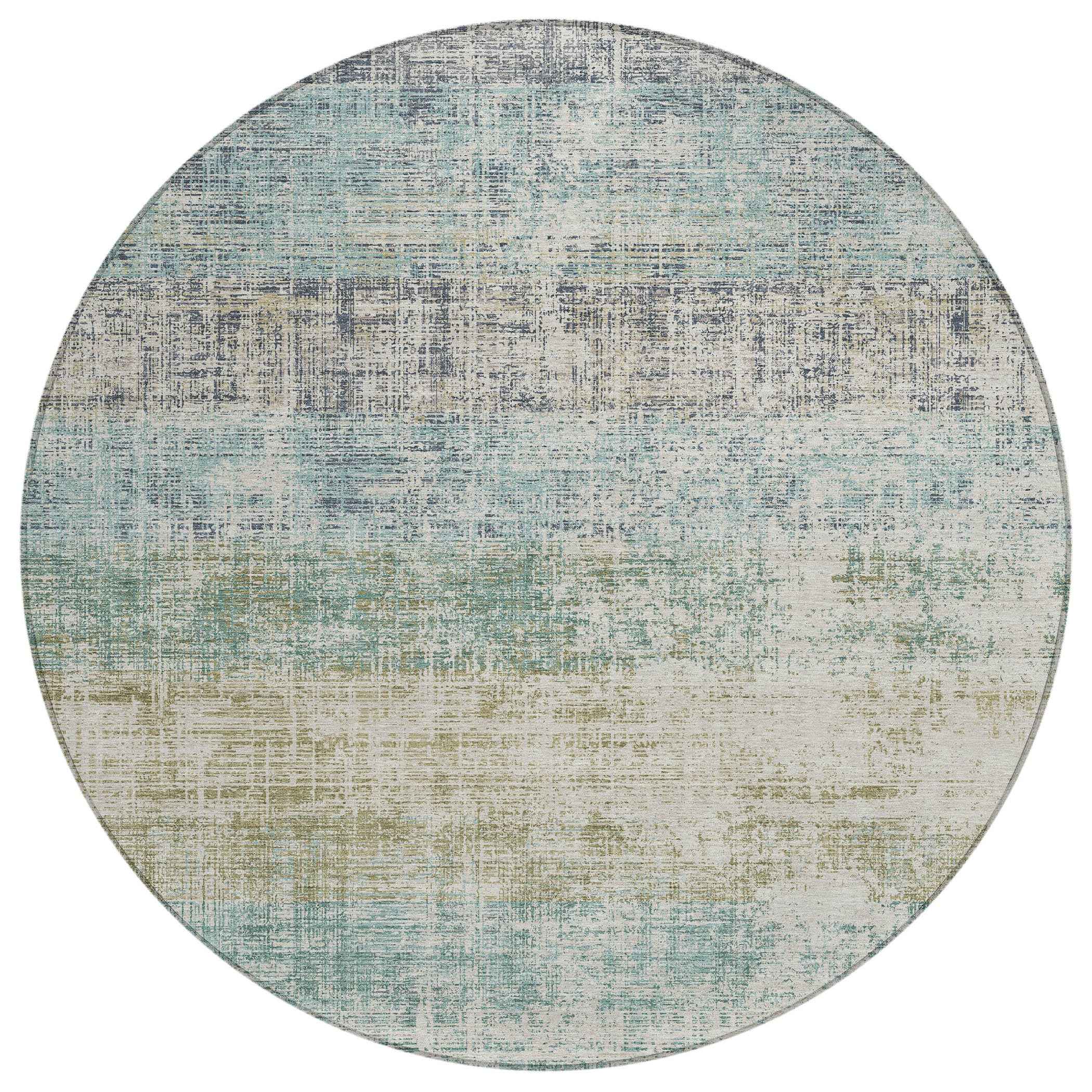 8' Teal Blue And Beige Round Striped Washable Indoor Outdoor Area Rug