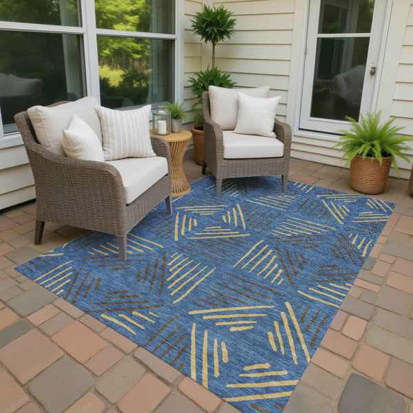 10' X 14' Navy Blue And Gold Geometric Washable Indoor Outdoor Area Rug
