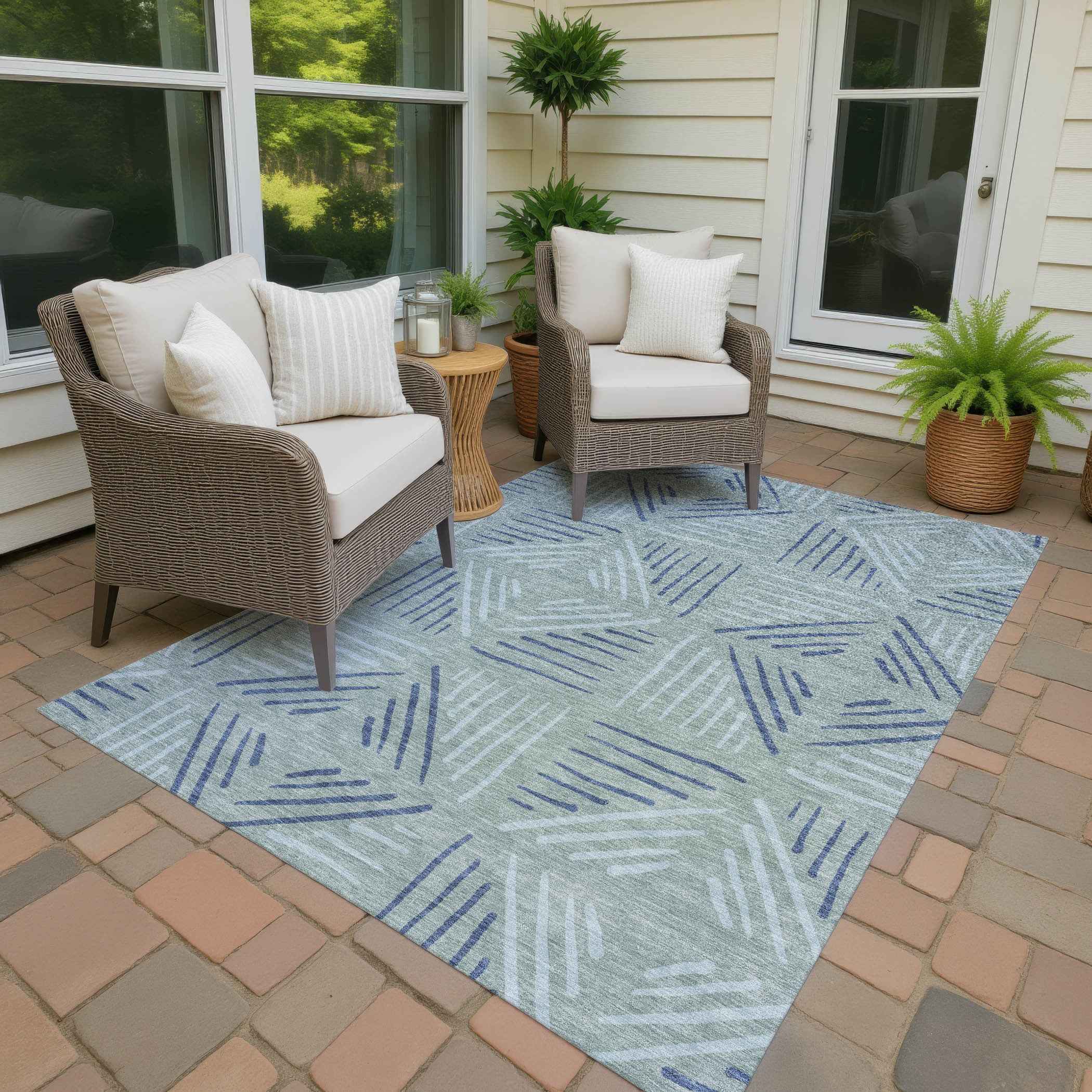 5' X 8' Aqua And Blue Geometric Washable Indoor Outdoor Area Rug