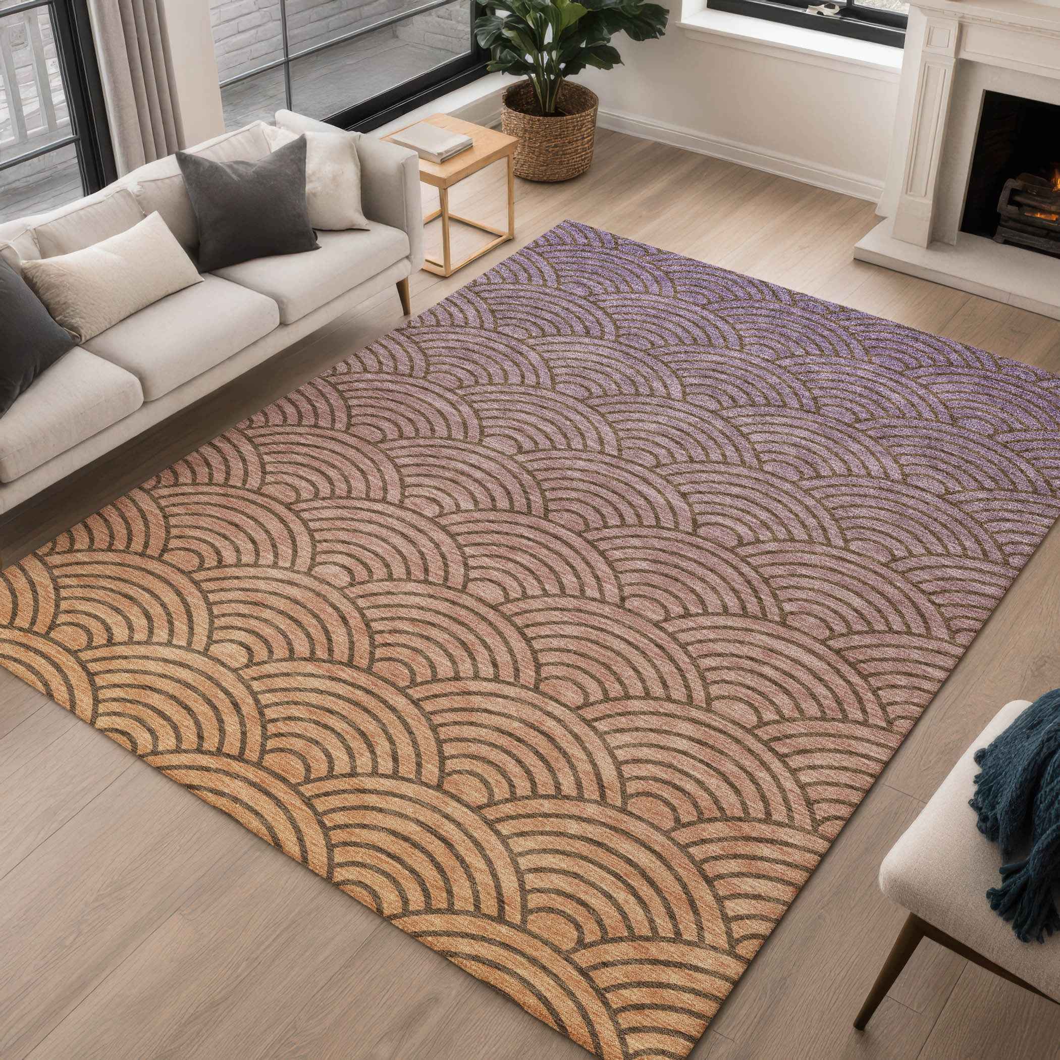 9' X 12' Chocolate Purple And Mauve Geometric Washable Indoor Outdoor Area Rug