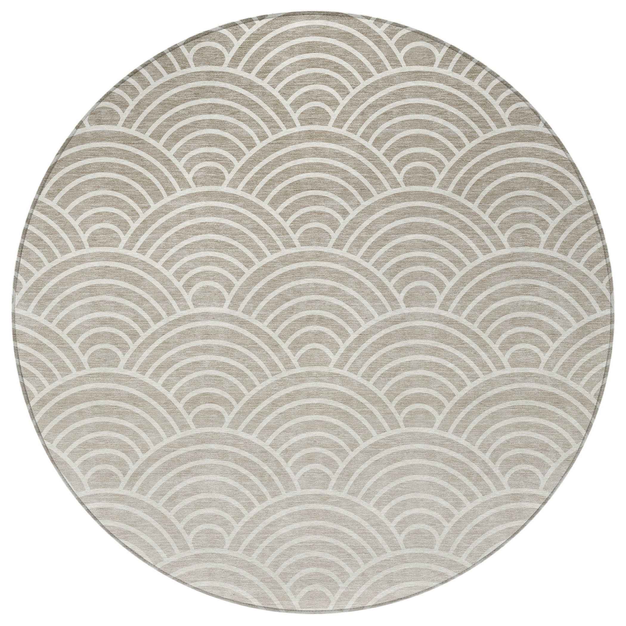 8' Ivory Beige And Brown Round Geometric Washable Indoor Outdoor Area Rug