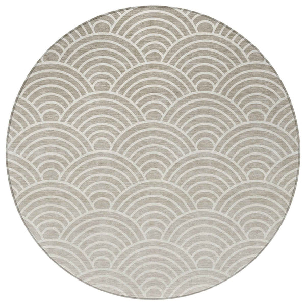 8' Ivory Beige And Brown Round Geometric Washable Indoor Outdoor Area Rug