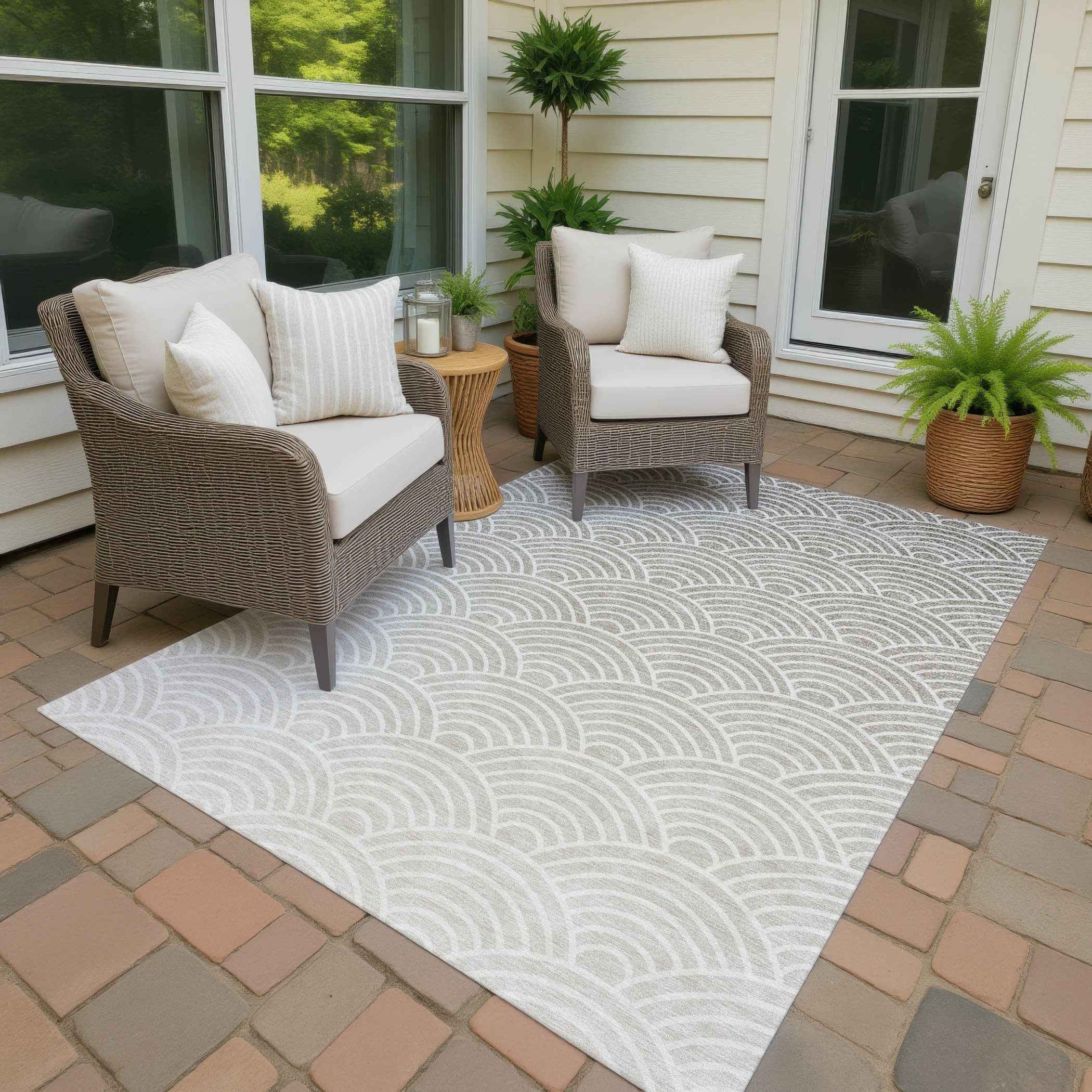 9' X 12' Ivory Beige And Brown Geometric Washable Indoor Outdoor Area Rug