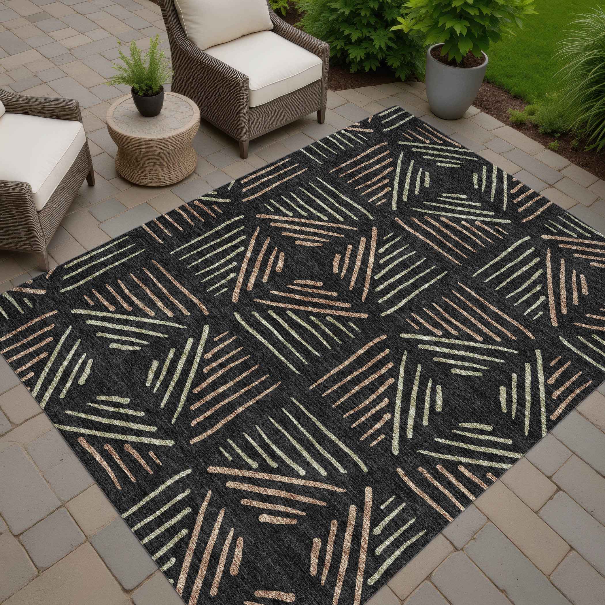 8' X 10' Black And Copper Geometric Washable Indoor Outdoor Area Rug
