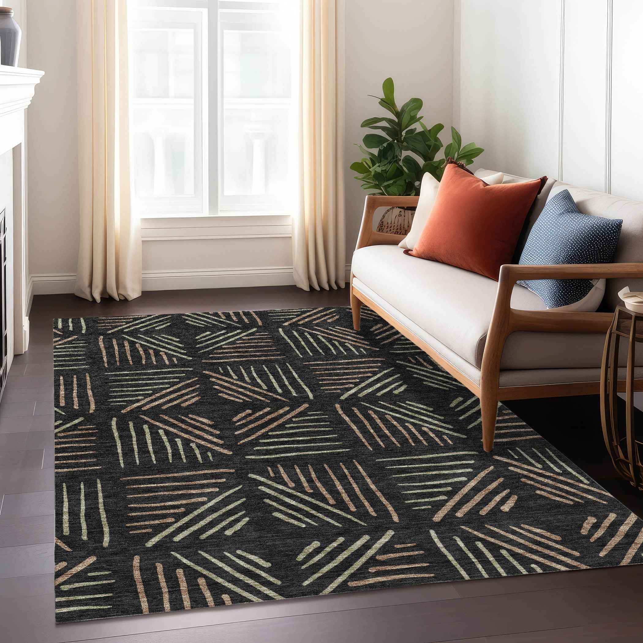 8' X 10' Black And Copper Geometric Washable Indoor Outdoor Area Rug