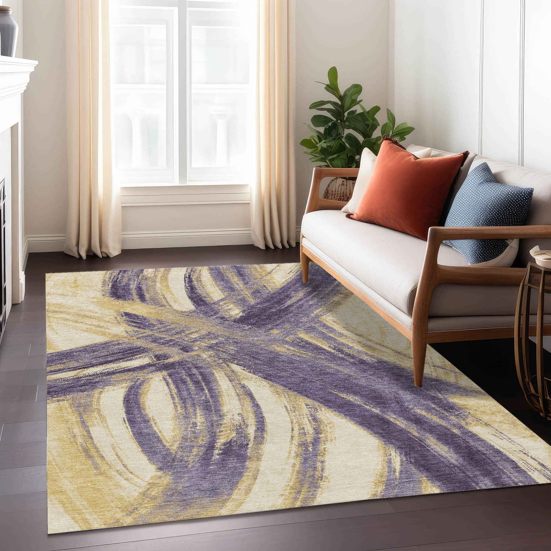 8' X 10' Plum Gold And Beige Abstract Washable Indoor Outdoor Area Rug
