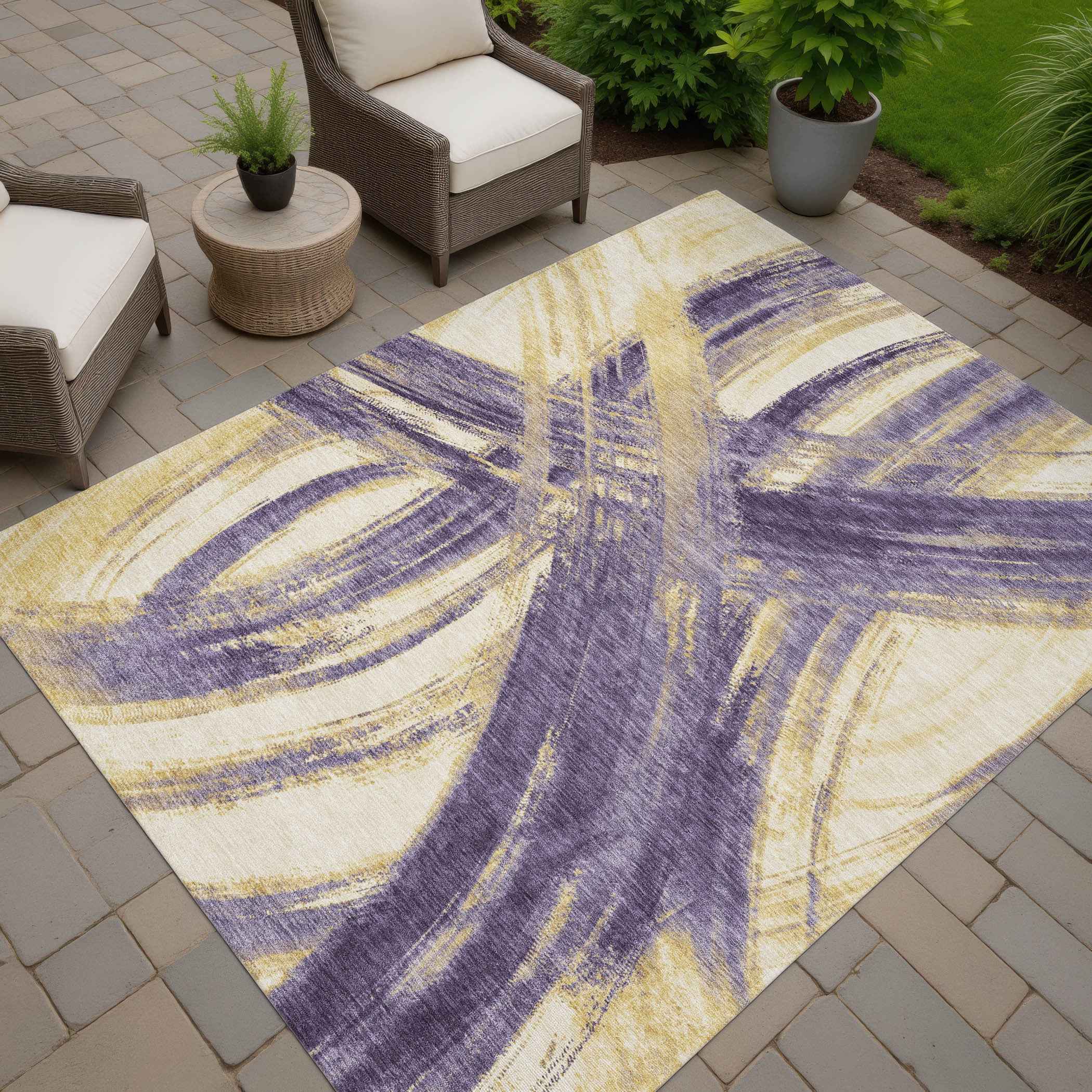 8' X 10' Plum Gold And Beige Abstract Washable Indoor Outdoor Area Rug