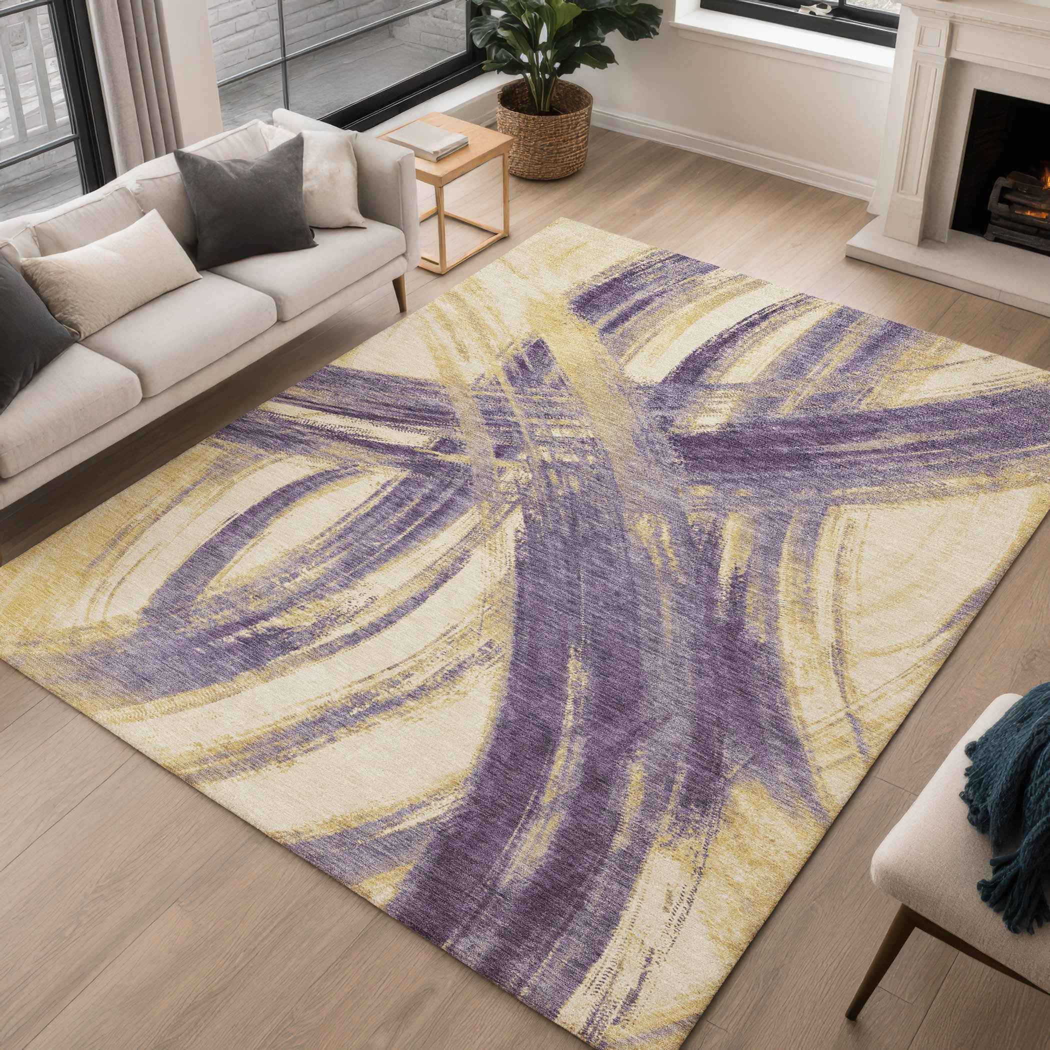 8' X 10' Plum Gold And Beige Abstract Washable Indoor Outdoor Area Rug