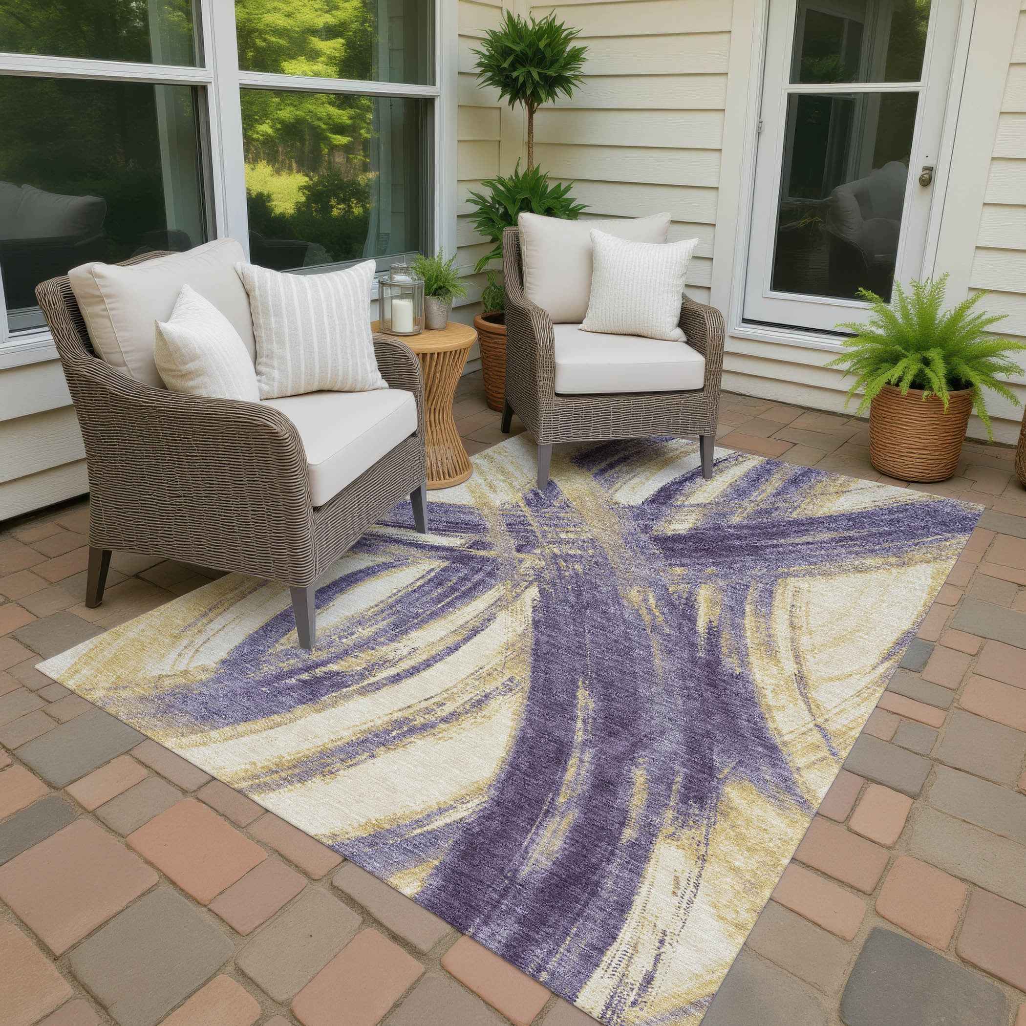 8' X 10' Plum Gold And Beige Abstract Washable Indoor Outdoor Area Rug