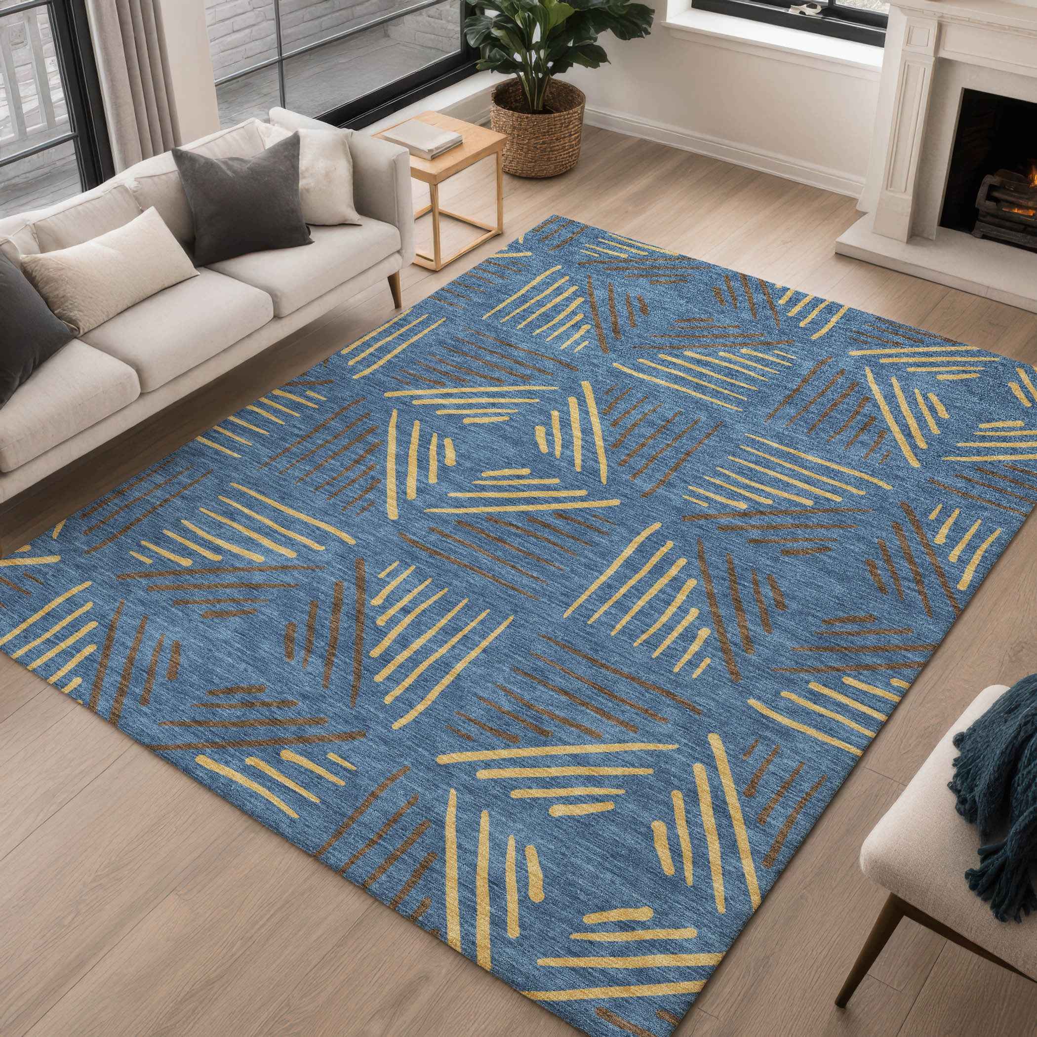 3' X 5' Navy Blue And Gold Geometric Washable Indoor Outdoor Area Rug
