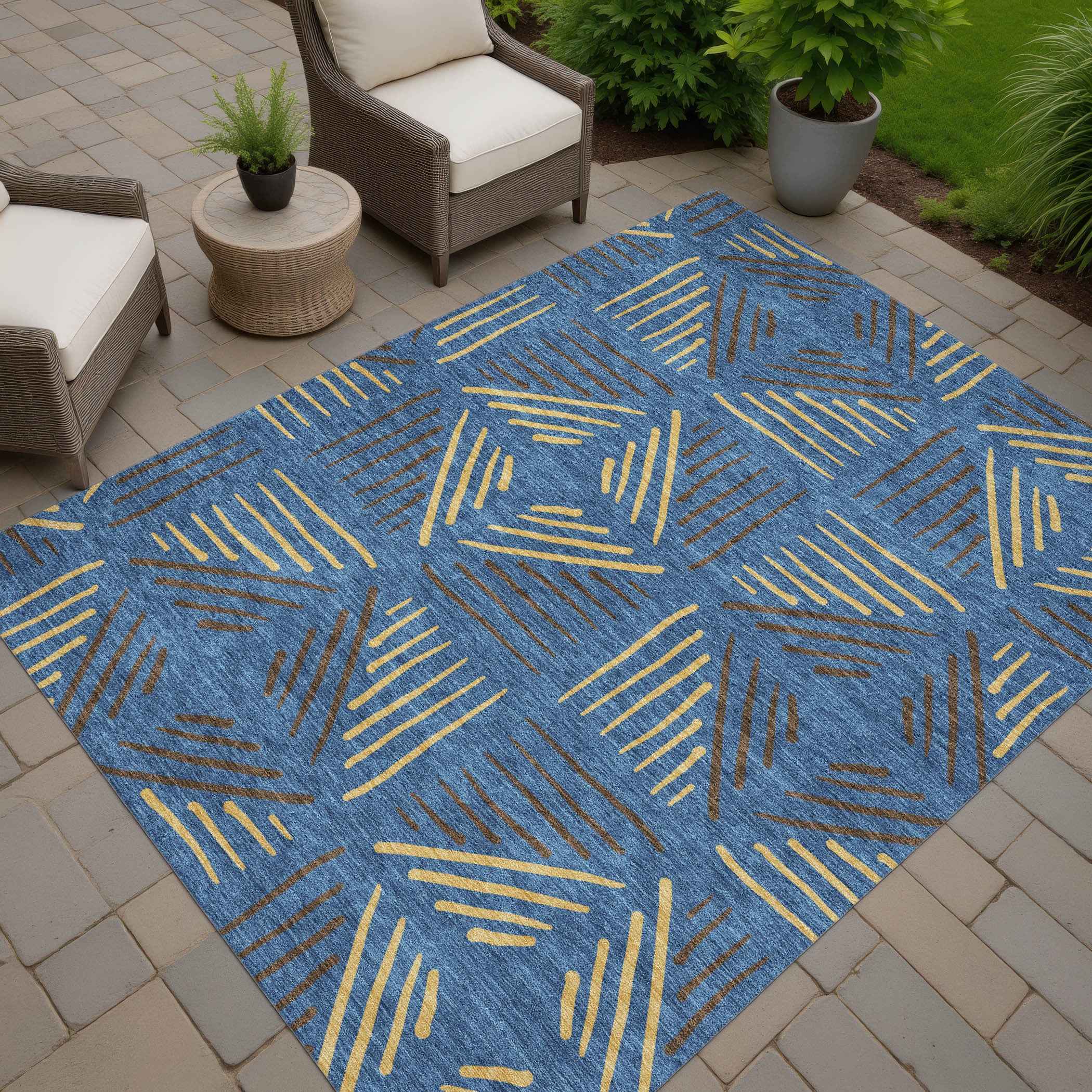 3' X 5' Navy Blue And Gold Geometric Washable Indoor Outdoor Area Rug