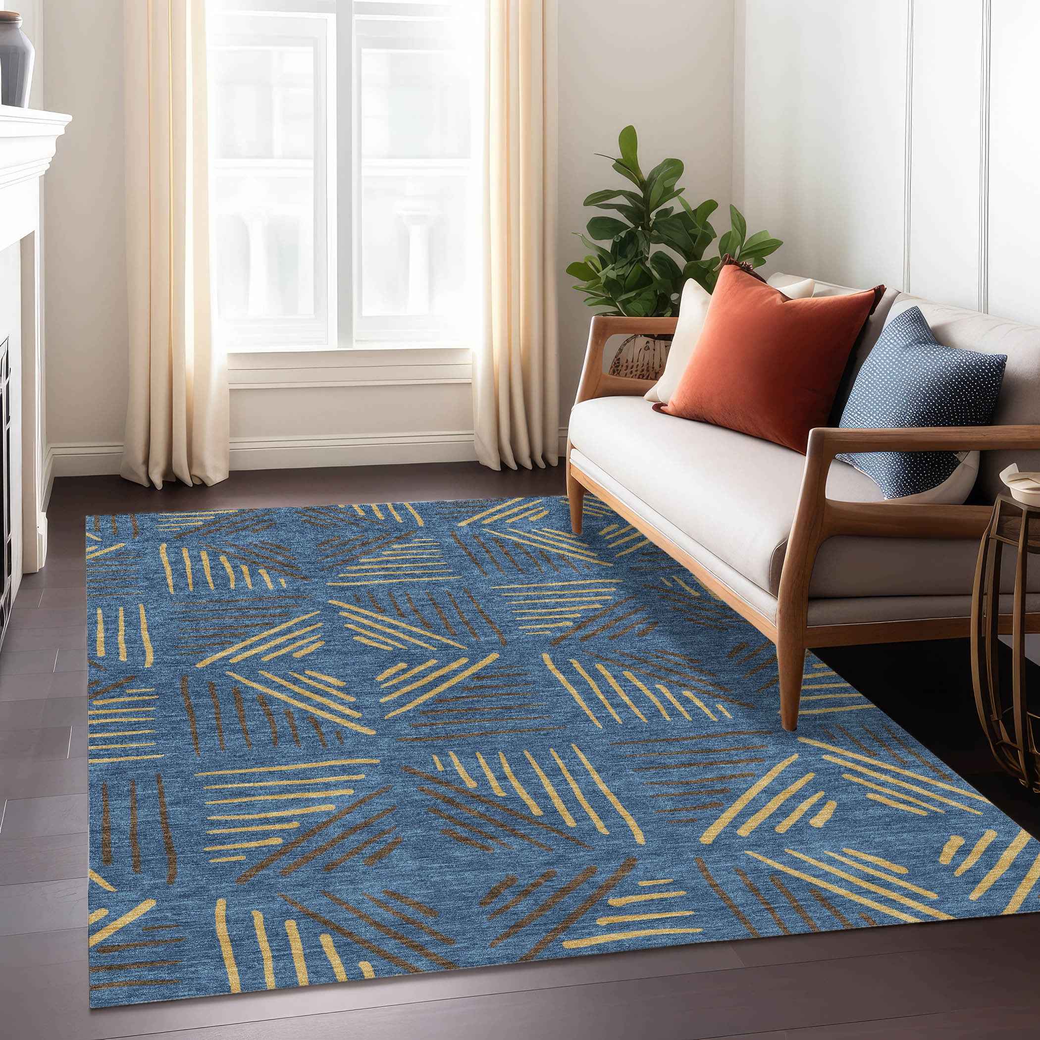 3' X 5' Navy Blue And Gold Geometric Washable Indoor Outdoor Area Rug