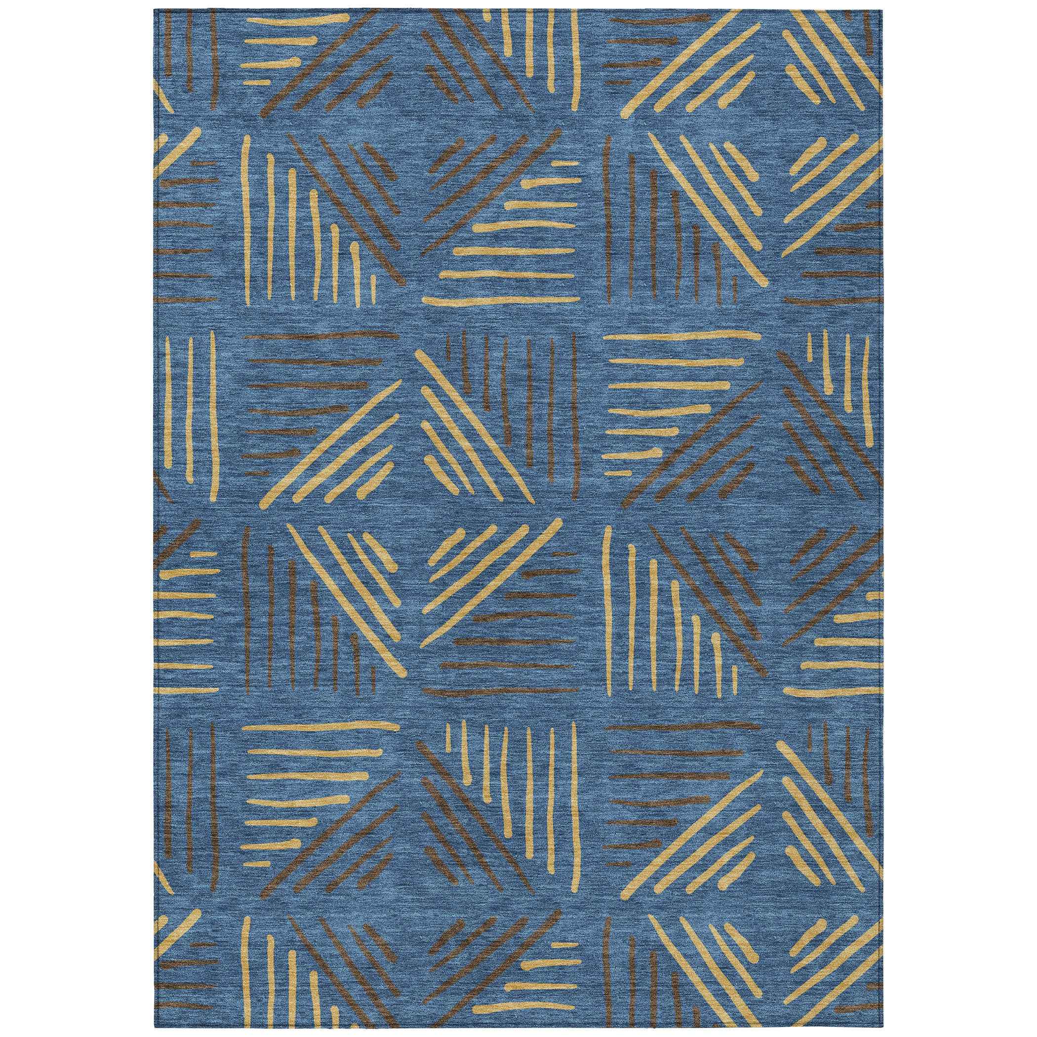 3' X 5' Navy Blue And Gold Geometric Washable Indoor Outdoor Area Rug