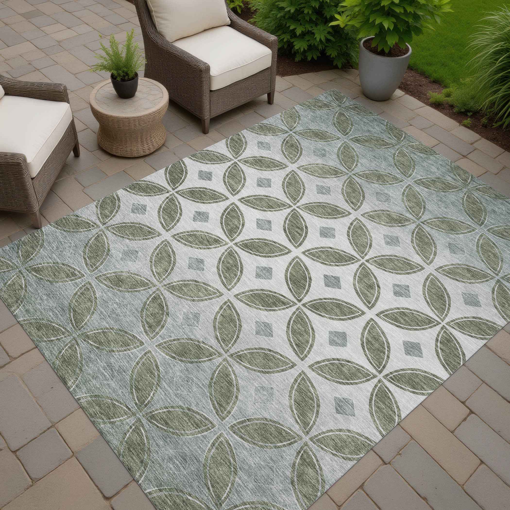 3' X 5' Artichoke Green And Ivory Geometric Washable Indoor Outdoor Area Rug