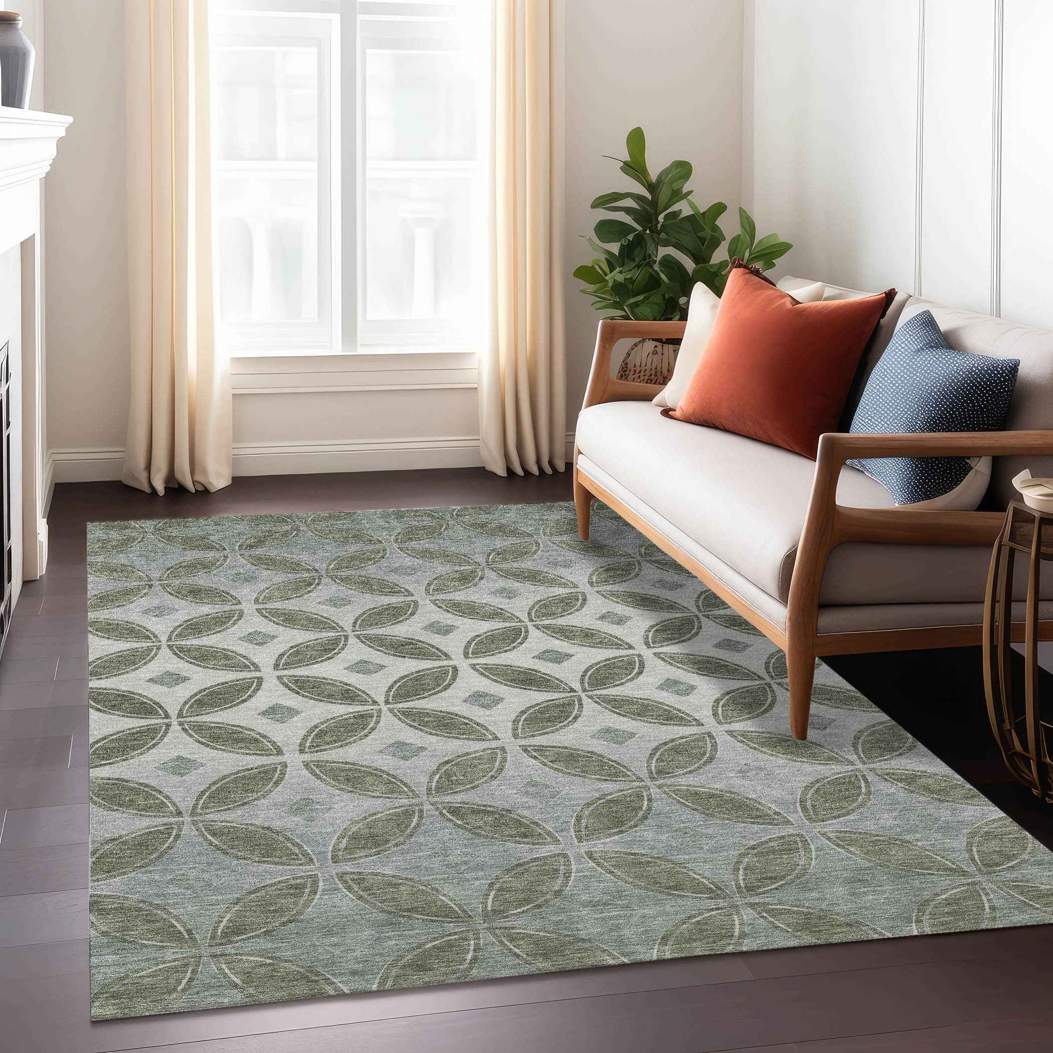 3' X 5' Artichoke Green And Ivory Geometric Washable Indoor Outdoor Area Rug